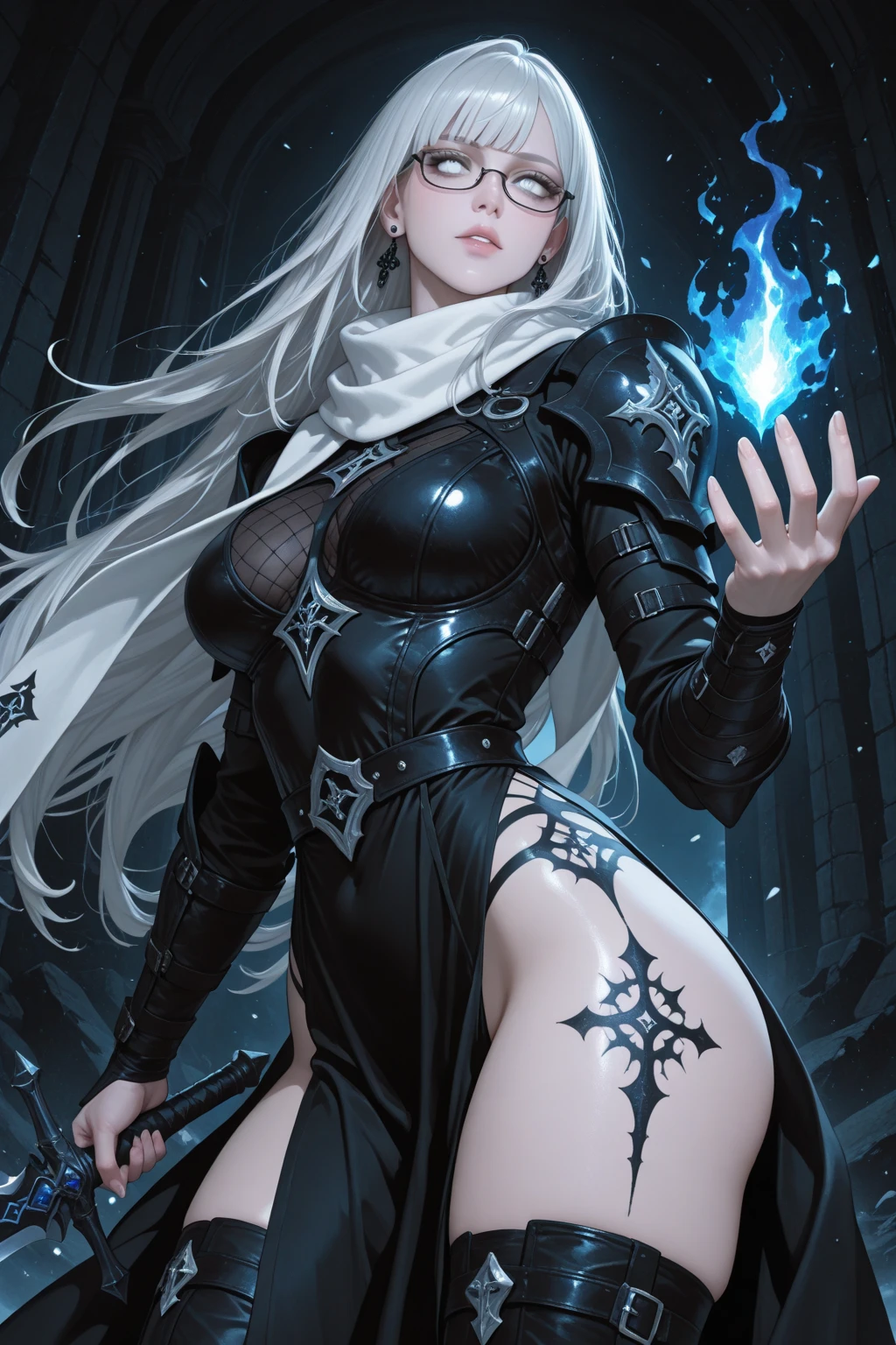 Create a semi-realistic, stylized image of a powerful, stunning witch. She must look young and beautiful, with luminous skin and long, shiny hair in a deep shade like black or red. The witch is dressed in an elegant and sophisticated robe, adorned with magical details. She is casting magic, with a luminous aura and beams of magical energy emanating from his hands. The background should be mystical and enchanting, with subtle magical effects and an atmosphere of power and beauty.