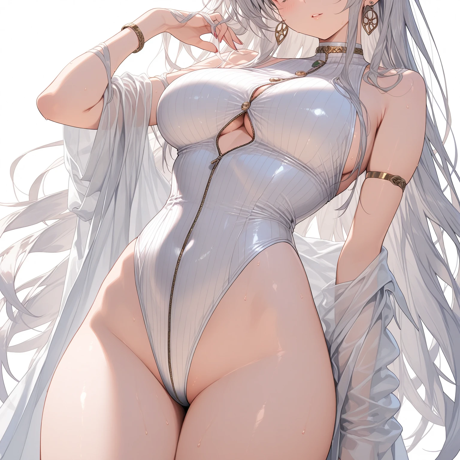 Best Masterpiece，high qulity，Girl in white hair swimsuit，Wet，Big waves，Deep grooves，long leges，White skin，perspire，Red-faced，Camel hooves