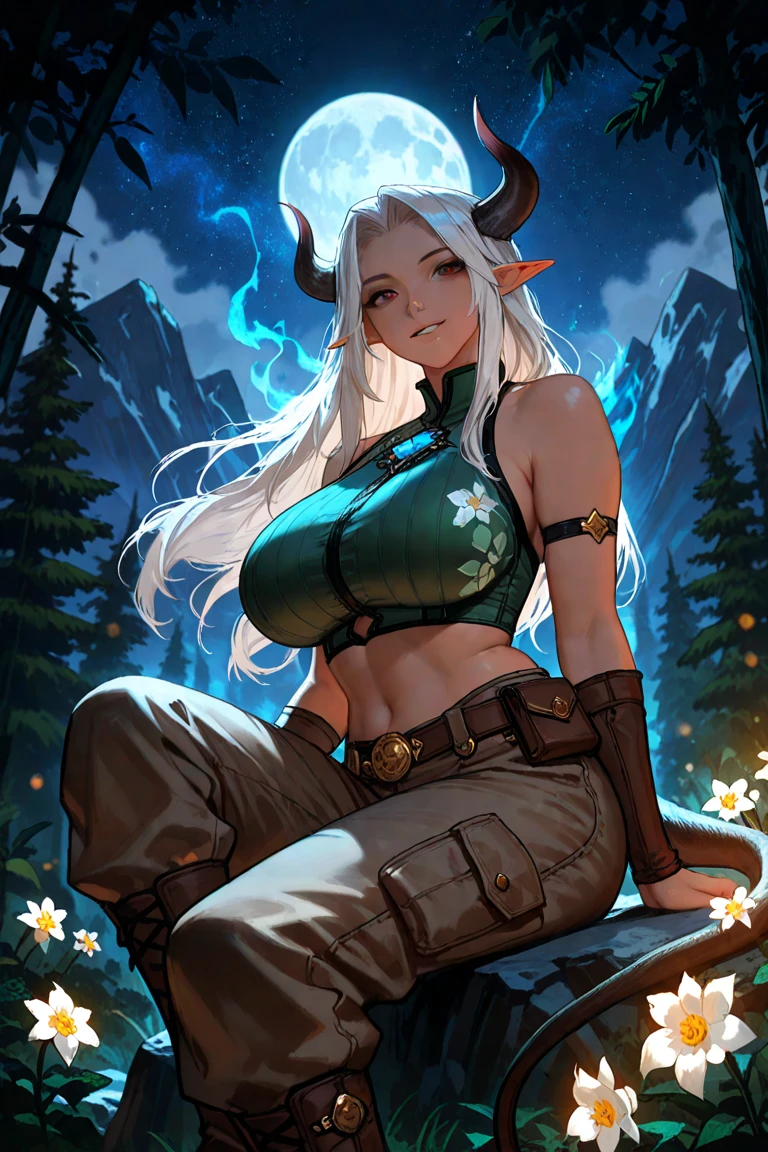 ((best quality)), ((masterpiece)), (detailed), 1 women elf-draconical heavy warrior, 8k_wallpaper, extremely detailed eyes, (large masterpiece digital art), (intricate details:1.3 ), (ultra-detailed:1.3), (sharp focus:1.3), (natural lighting:1.05), (vivid colors:1.3), (best quality:1.4), high quality, expressive eyes, full body, detailed face, beautiful face, perfect face, ((hair sandy white curls)), ((dragon dark horns)), (gold eyes), {{dark skin}}, ({dark skinned female}), big breasts, huge chest, powerful relief muscles of the abdomen and legs, powerful strong muscles of the arms, abdominal piercings, cruel predatory and cold-blooded arrogant look, a predatory smile with many fangs, wearing an open red coat with rolled up sleeves, a translucent red crop top, denim mini shorts, a wide yellow belt with chains, steel gloves, steel shoulder pads, heavy red metal steel armor, a hiking backpack, walking along the old pier of a ruined village, against the backdrop of forests and mountains, dark fantasy style,