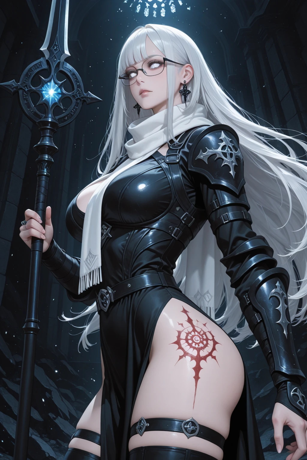 Masterpiece, high quality, many details,
 dark sorceress, perspective from below, black and red leather robe, sexy, dark world, incantation, big breasts, white hair long braid, staff in right hand, looking at the viewer