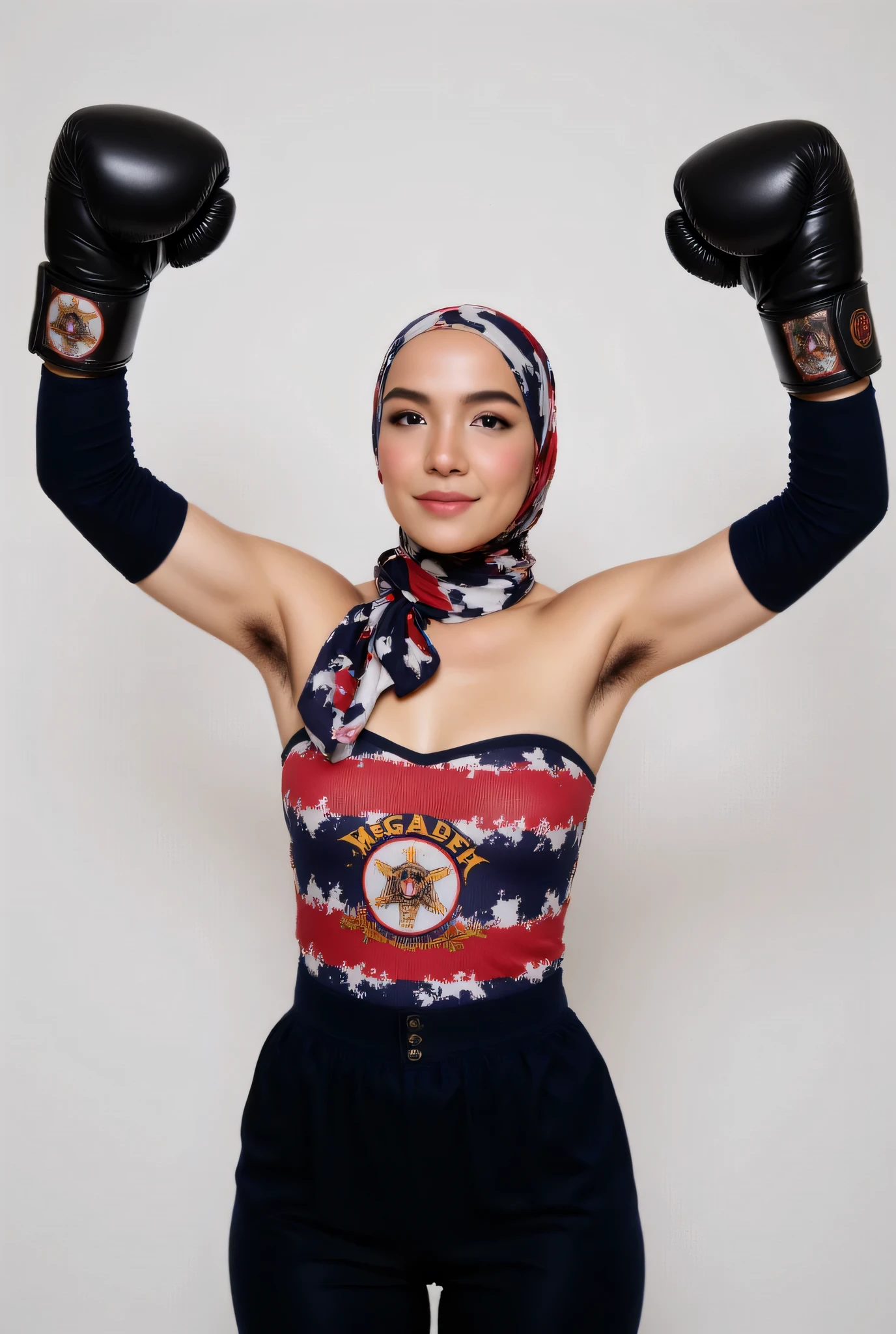 front view, Malaysian hijab-wearing mother. (Wearings Megadeth flag top strapless ). BOTH SIDES HANDS IN STRAIGHT UP LIFT WEARING BOXING GLOVE , hair Arm pit