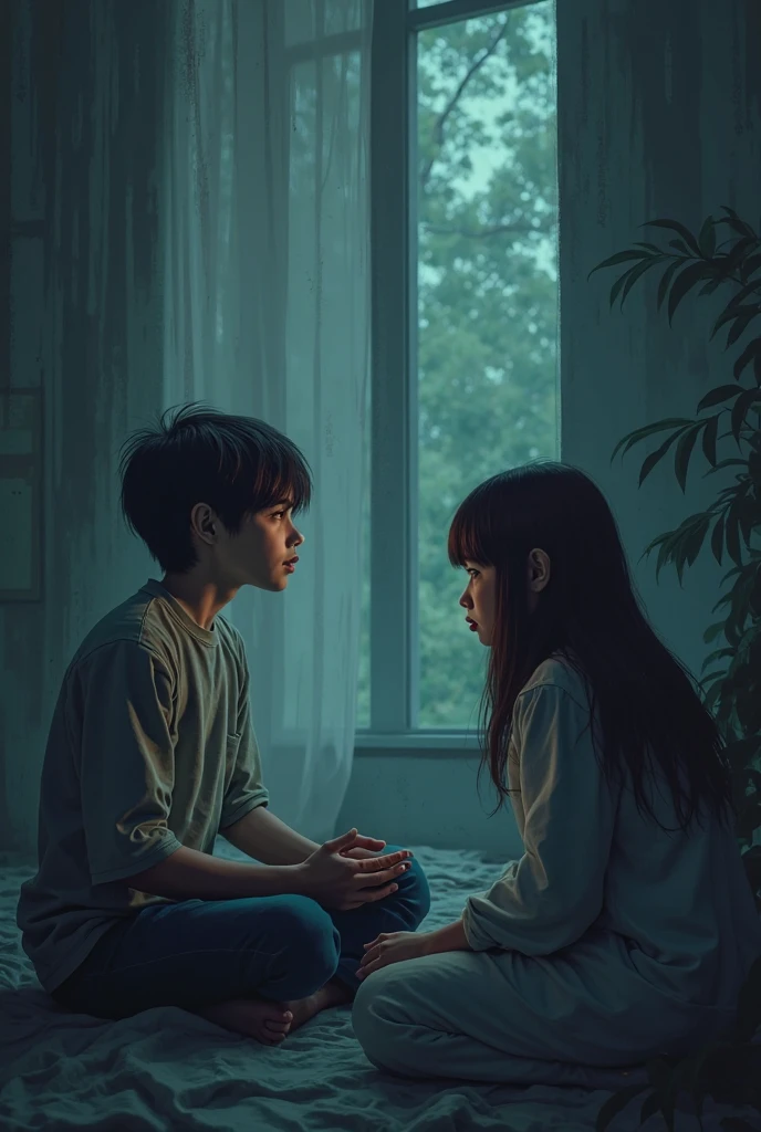 I want a picture in the middle of which there are two chairs far apart but facing each other, in the left chair sits an upset boy and in the right chair sits a dark shadow of a girl.