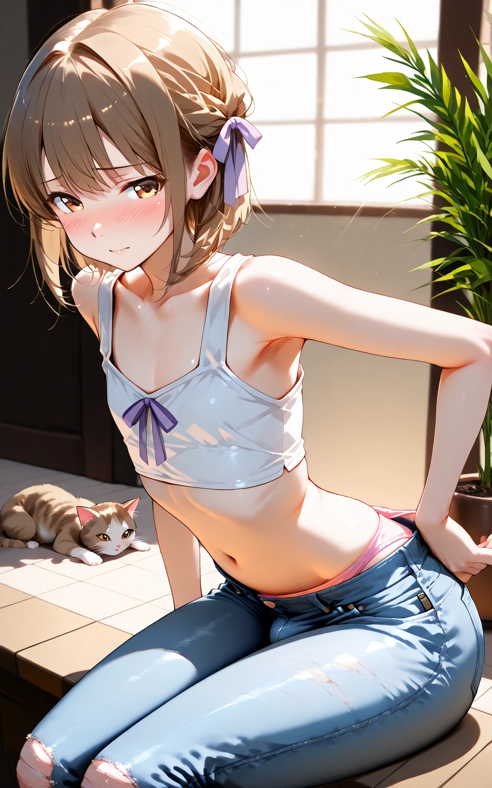 ((Masterpiece)), ((best quality)), (Professional Photography:1.2), (realistic:1.2), (mist effect:1.3), wide shot, cinematic lighting, very messy hair, (tattered and torn camisole, dirty white camisole), slightly exposed small breast, Slender body, small breasts, (smile and blush), barefoot, Textured skin, cat ears, pale brown hair, Cute Beautiful girl, (all-fours on the rye field), the setting sun, Crepuscular Rays, slum townscape,