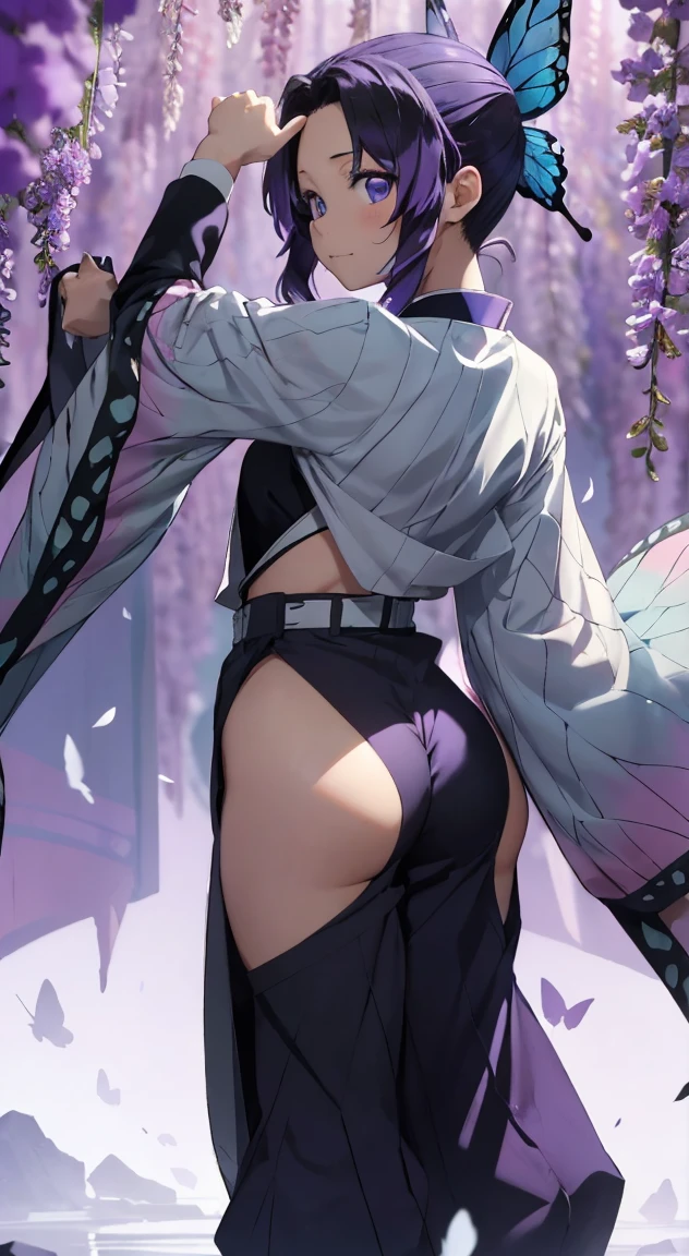 shinobu kochou, long hair, solo, PERFECT ANATOMY, photograph from behind, purple hair, blue eyes, FULL BODY HAKAMA, looking at camera, tight full body hakama, slim waist, thicc thighs, tight clothes cover whole body, perfect ass, 1girl