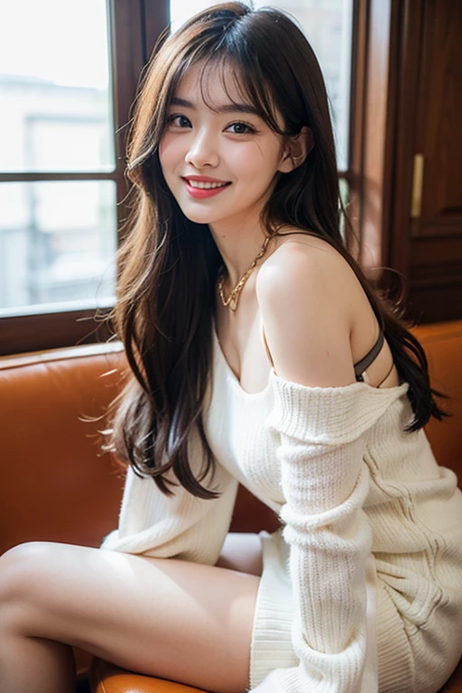 ((best quality)), 1 chinese woman, age 25 years old, long brown hair, off shoulder,smiling, pheromone blast, sexually tempting