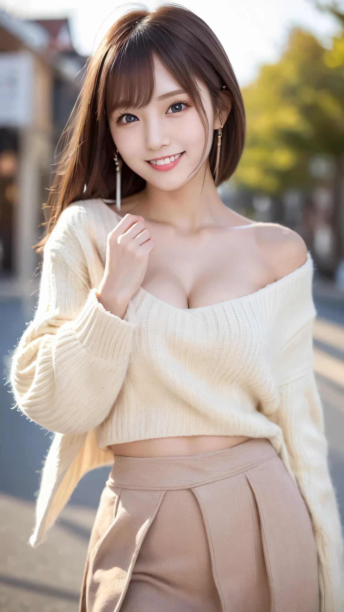 Highest quality、Highest quality、Highest pixels、Brown Hair、ponytail、masterpiece、.Big breasted、See details. Ultra-high resolution. Japanese、One young woman、Real、Realistic、smile、Off-the-shoulder tops、skinny pants、