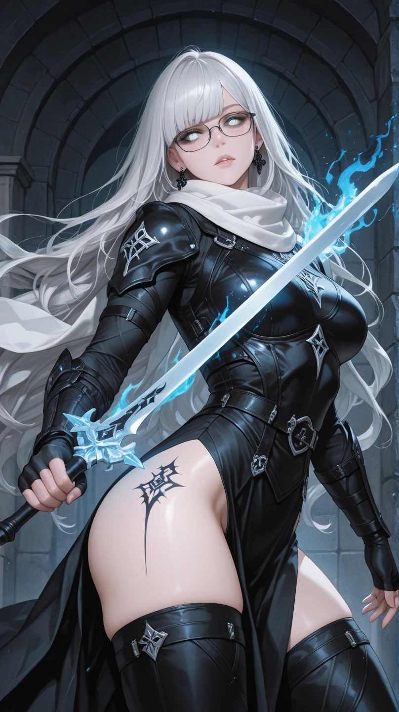 (4k quality), sexy and thin elf, torn clothes, with long stockings, no panties, detailed short white hair, detailed red eyes, best quality, expressive eyes, perfect face, with a shield and sword