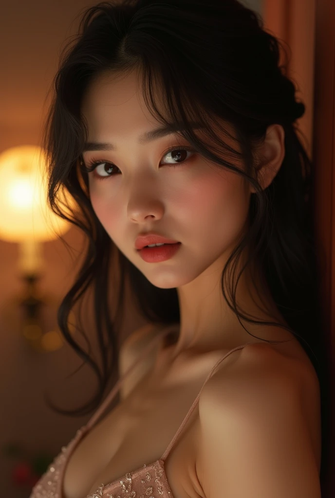 Best quality, masterpiece, ultra high res, (photorealistic:1.4), raw photo, 1girl, off shoulder, cinematic lighting, kiss poses