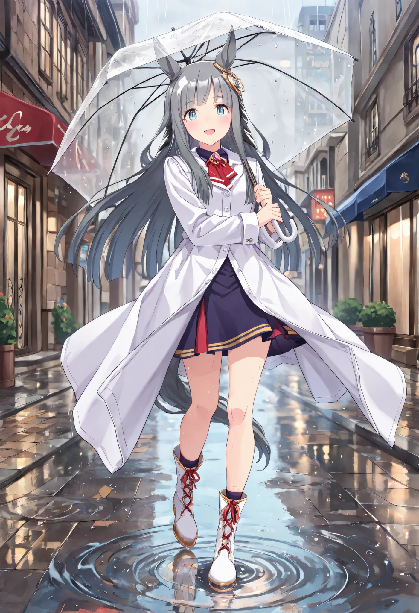 (masterpiece, best quality, perfect face:1.4), wide angle, chrono genesis\(umamusume\), 1girl, floating hair, horse ears, ear ornament, tail on the lower back, horse tail, proportional body, proportional,1 girl, beautiful hair, beautiful face, beautiful detailed eyes, beautiful clavicle, beautiful body, beautiful chest, beautiful thigh, beautiful legs, beautiful fingers, looking at viewer, BREAK, wear a white shirt, long rain coat, skirt, long boots, street corner, Rainy night, Chic cityscape, Stone Building, wet road, puddle, hold an umbrella, BREAK, blush happy smile (open mouth), textured skin, realistic skin, HDR, BREAK, good hands,