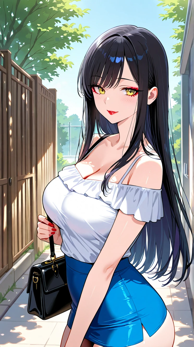 (talking style) (in a casual summer blouse, skirt), (solo:2, 18 yo straight black hair long hair cool dominance girl, detailed cool red eyes, love smile, pink lips, big tits), break, in the lounge, BREAK, perfect anatomy, masterpiece, best quality, 16k, beautiful detailed grow, daydreaming expression.