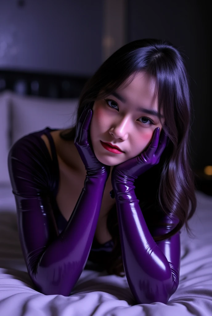 25-year-old Asian woman in a black latex suit having sex with purple tentacles, showing her breasts and vagina