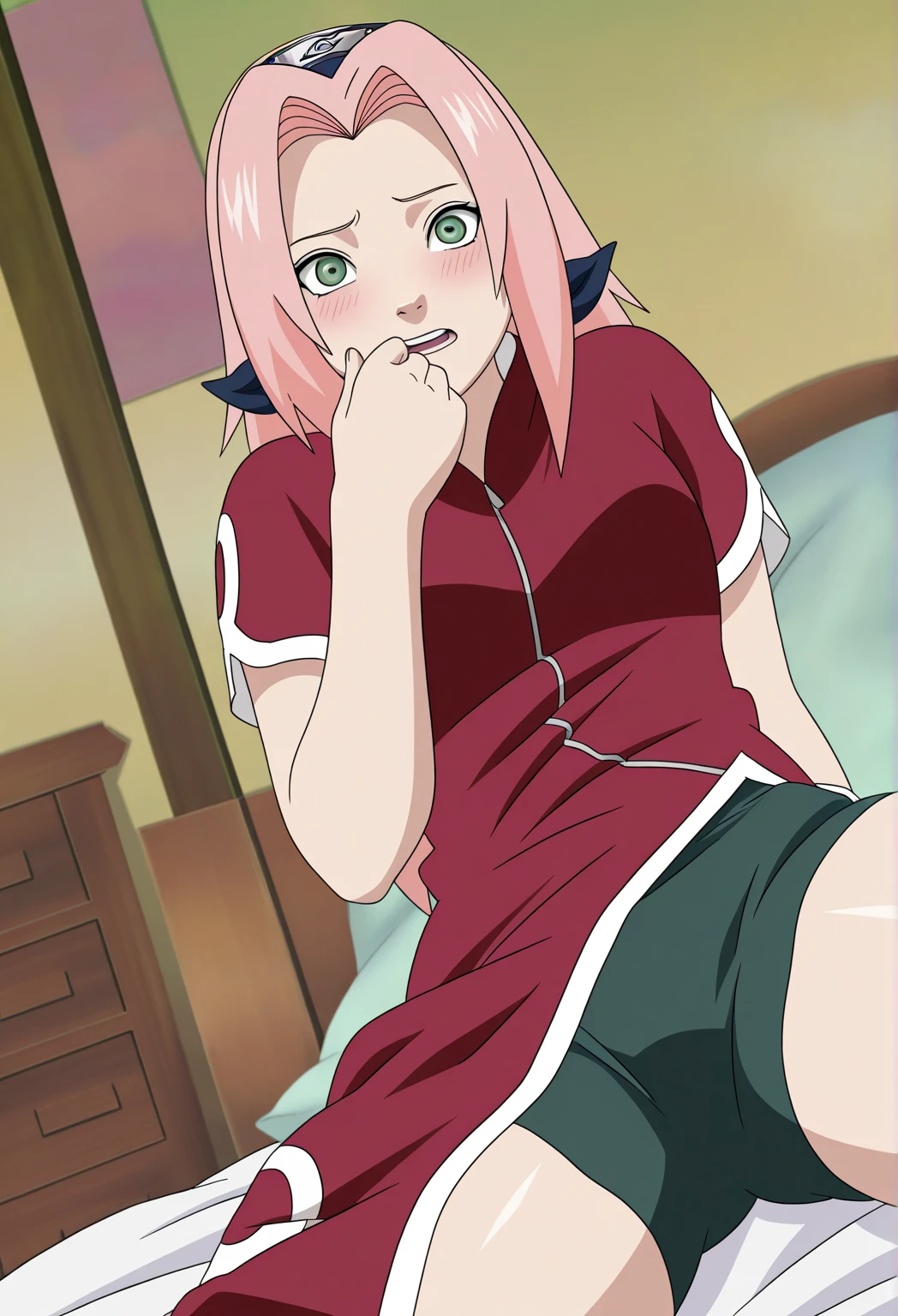 Perfect, masterpiece, (best quality, highres:1.2), 1girl, beautiful detailed eyes, beautiful detailed lips, extremely detailed eyes and face, long eyelashes, medium:oil painting, vivid colors, HDR, studio lighting, ultra-fine painting, sharp focus, physically-based rendering, extreme detail description, portraits, ((organized fingers)), curvy body, big breasts, perfect shape, facing viewer, sweaty, gorgeous, ((arms up)), sleeveless turtleneck, straddling, smiling