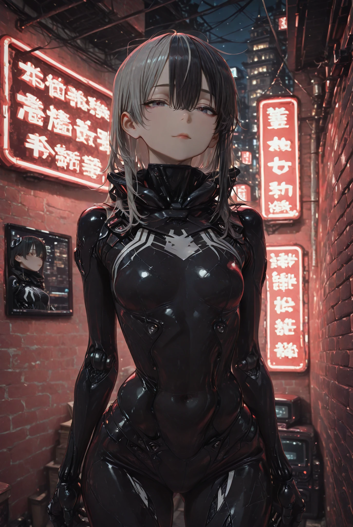 ((perfect anatomy:1.2,realisitic:1.3,high-class photo:1.3,artwork、higher quality、Ultra - high definition、high definition、Highly detailed computer graphics、8 thousand.)),((best quality)), nsfv, small breasts, Rounded breasts, Pronounced clavicles , skinny arms, smooth stomach, visible pelvic bones , whole body, short disheveled hair, gray hair with black strands, hair combed back, image of female Venom from Spider-Man, Белый Cyborg costume симбиота, realistic shadows, detailed leather, Very small breasts, Rounded breasts, Very detailed, very detailed face, perfect face shape , [perfect lips, perfect nose, fix beautiful eyes, best quality, very revealing clothes, slutty costume , unpacked, ((backend types)),black hair strands, against a brick wall in a dark alley, backend types, slavic face, Night, neon lights , top view , shows off his hips, everything on the web, spider web suit , clinging to the ceiling, Cyborg costume,