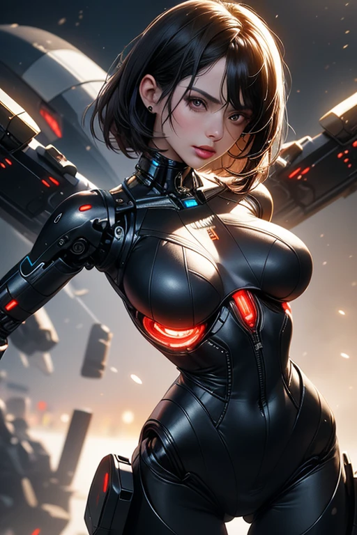 Best Works, High Quality, High Resolution, High Texture, 8k, High Dynamic Range, 1 Shot, Beautiful 18 year old female Pacific Islander with layered haircut, brown hair, disheveled black hair, detailed skin, fine-grained skin, big breasts, ((cleavage:1.0)), sparkling eyes, blushing cheeks, bright red lips, shiny lips, dark eyeliner, long shot, sexy pose, seductive pose, Erotic poses, mecha musumes, mechanical parts, from below, along with giant cyber machines,