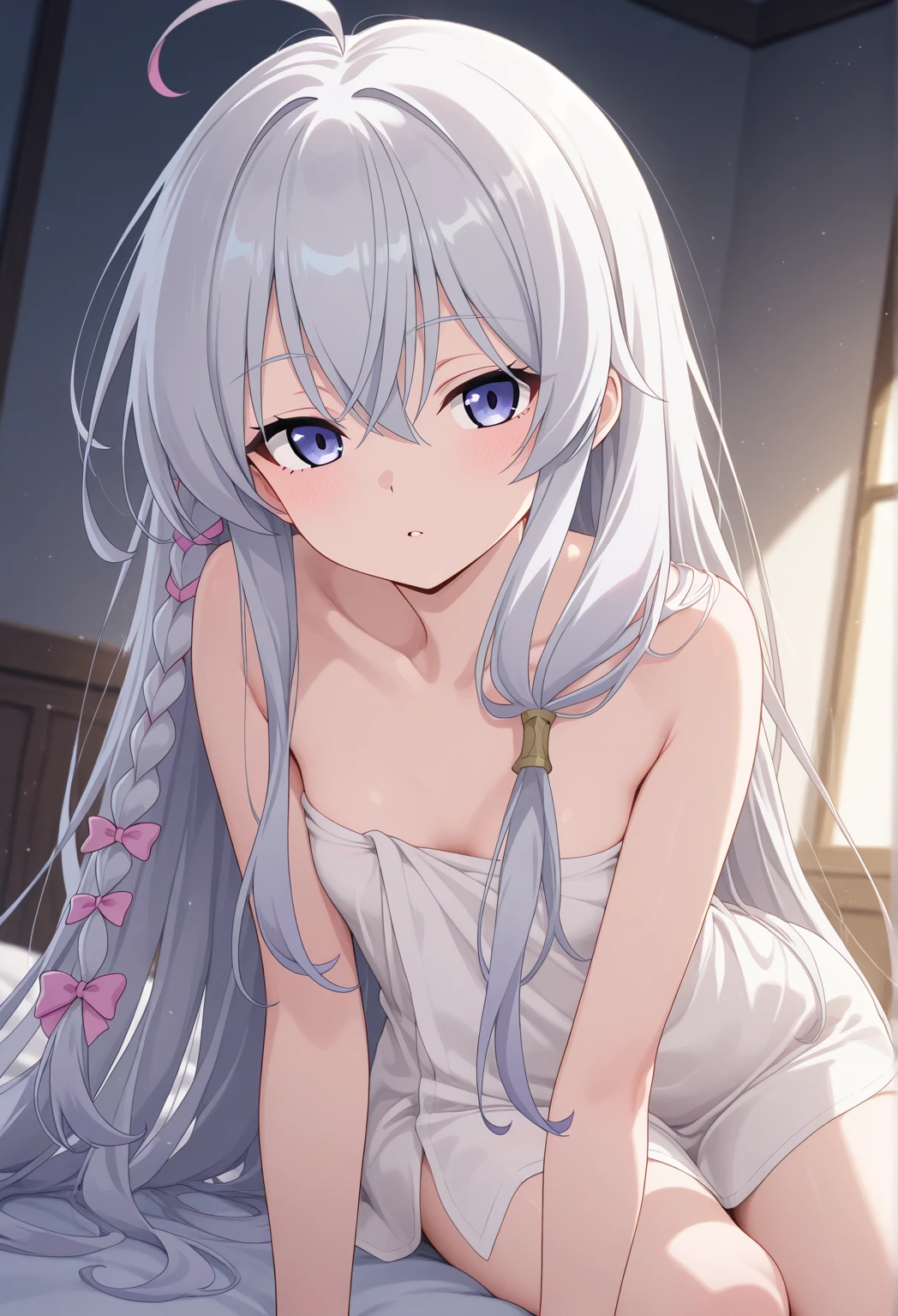 One girl with long hair, bangs, white hair, blue inner hair:1.25) , purple eyes, looking at viewer, blushing, little smile, indoor, spread legs, kneeling pose, sitting, white dress, bare shoulders, collarbone, short sleeves, bare legs, mid-chest, day atmosphere, hair ornament, medium breasts, focus, blurry background,