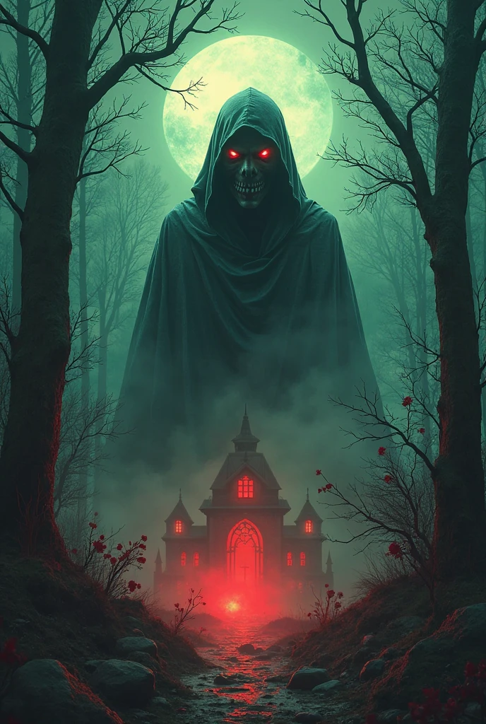 Photorealistic images, Reminiscent of classic horror movie stills, Dark and spooky cemetery at night, Swirl, In the background, the flaming gates to hell are open, The cemetery contains ancient, Weathered gravestone barely visible in the dark. The air is covered with mist、I hear an old tree々Just a creaking sound.. In the distance, big, The gates of fire have opened, An eerie orange light appears on the scene. Demonic creatures can be seen emerging from the portal., Their eyes glow red、The body was distorted into a bizarre shape..