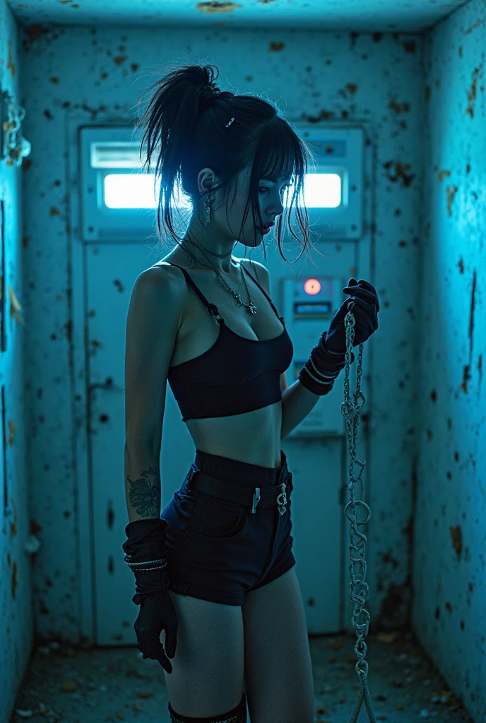 Women in Professional crop top, suit, pants, walking to work, show belly, realistic bellybutton shape, necktie, ((tied up by chain,arms up,)), ((crying)),