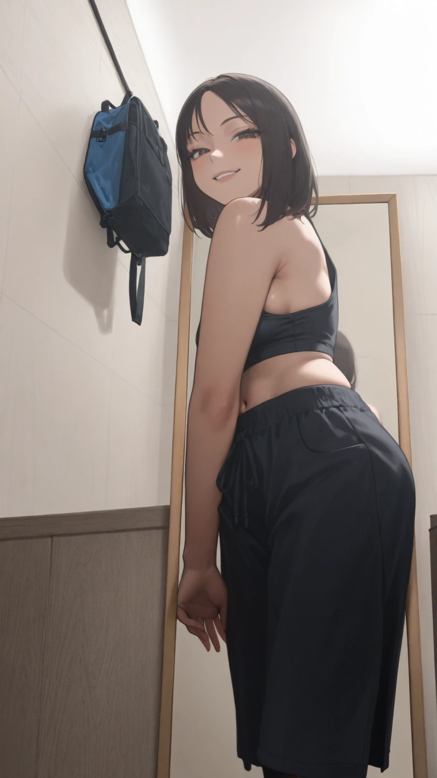 Show from the side: Young sexy Colombian doctor in an examination room spreading her ass cheeks. Long curly black hair (with highlights), tiny wasp waist, super wide hips, wide thigh gap, huge massive round jiggly ass