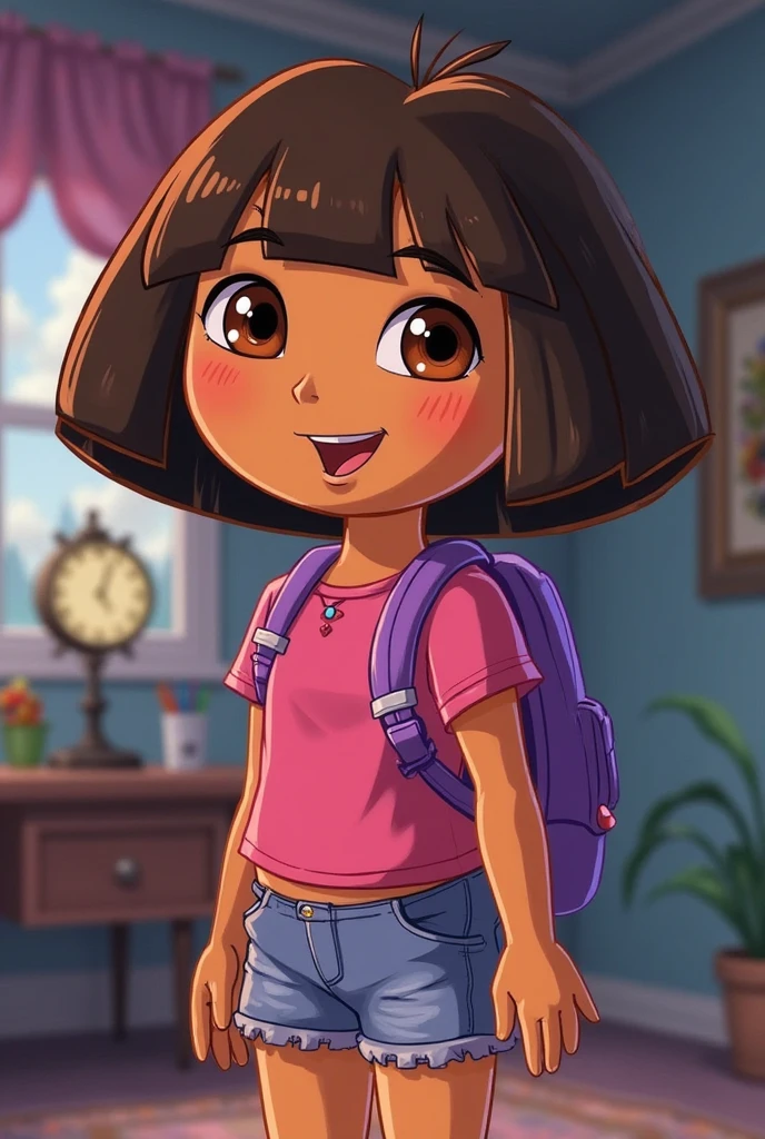 dora, <lora:doraTheExplorer_v10:1> medium breasts, on sofa, pink shirt, brown shorts, brown eyebrows, brown eyes, solo, arms behind back, backpack,
