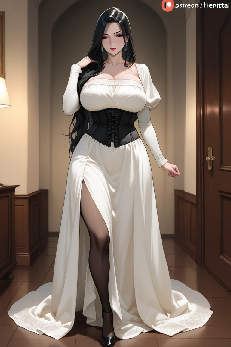 1girl, dress lift, lifting dress, pussy, ghost woman, mature woman, medium breasts, very pale, white skin, pale white skin, very long hair, black hair, hair over one eye, red eye, white dress, long sleeves, haunted mansion background, intricate detail, masterpiece quality, ultra HD, 4K, best quality