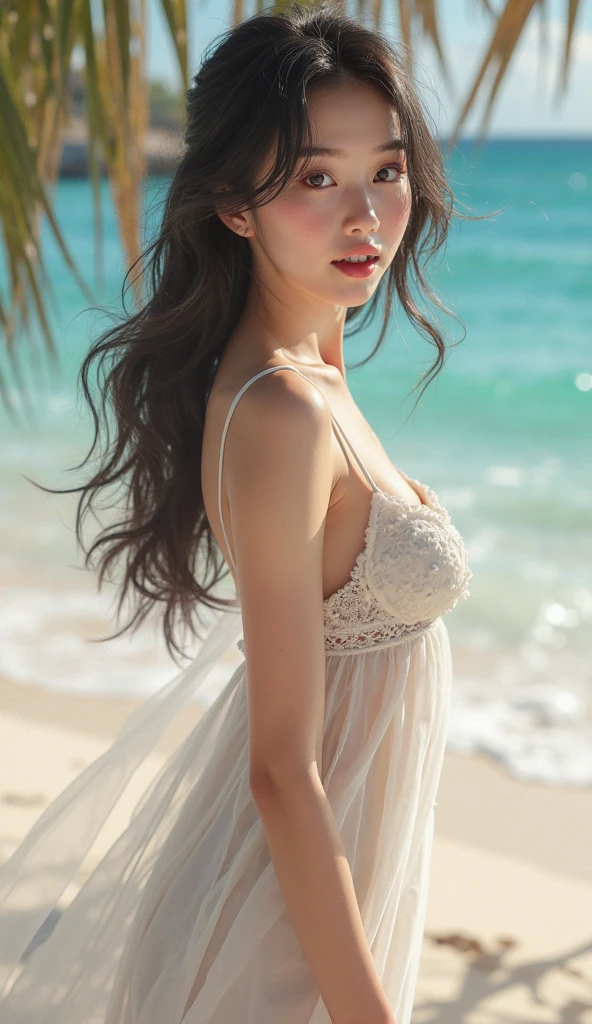 1girl in a white summer dress, beautiful detailed eyes, beautiful detailed lips, extremely detailed face, long eyelashes, walking on a white sand beach, sunset sky, vibrant colors, dramatic lighting, cinematic composition, (best quality,4k,8k,highres,masterpiece:1.2),ultra-detailed,(realistic,photorealistic,photo-realistic:1.37),cinematic lighting,golden hour,vivid colors,highly detailed,intricate details