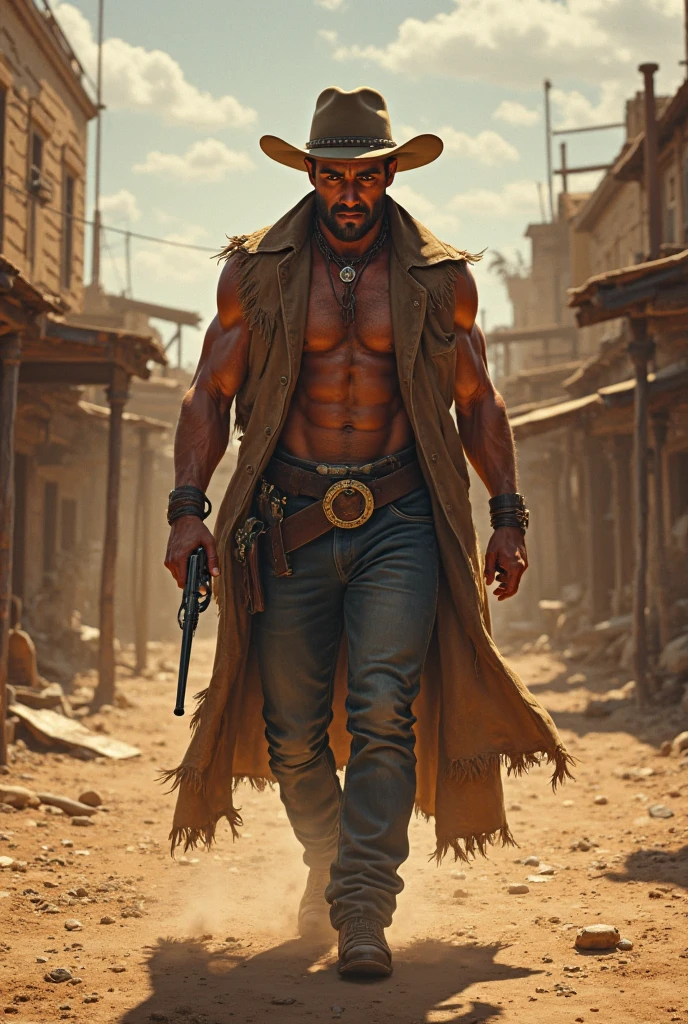 Masterpiece,Ultra photo realsisim,32K,extremely detailed nipple,Western cowboy,Wolf tooth pendant,guns,knifes, Unified wallpaper, Best quality,Cinematic style, (shredder:1.2),(Westworld:1.5), (Sci-fi Westerns:1.3)