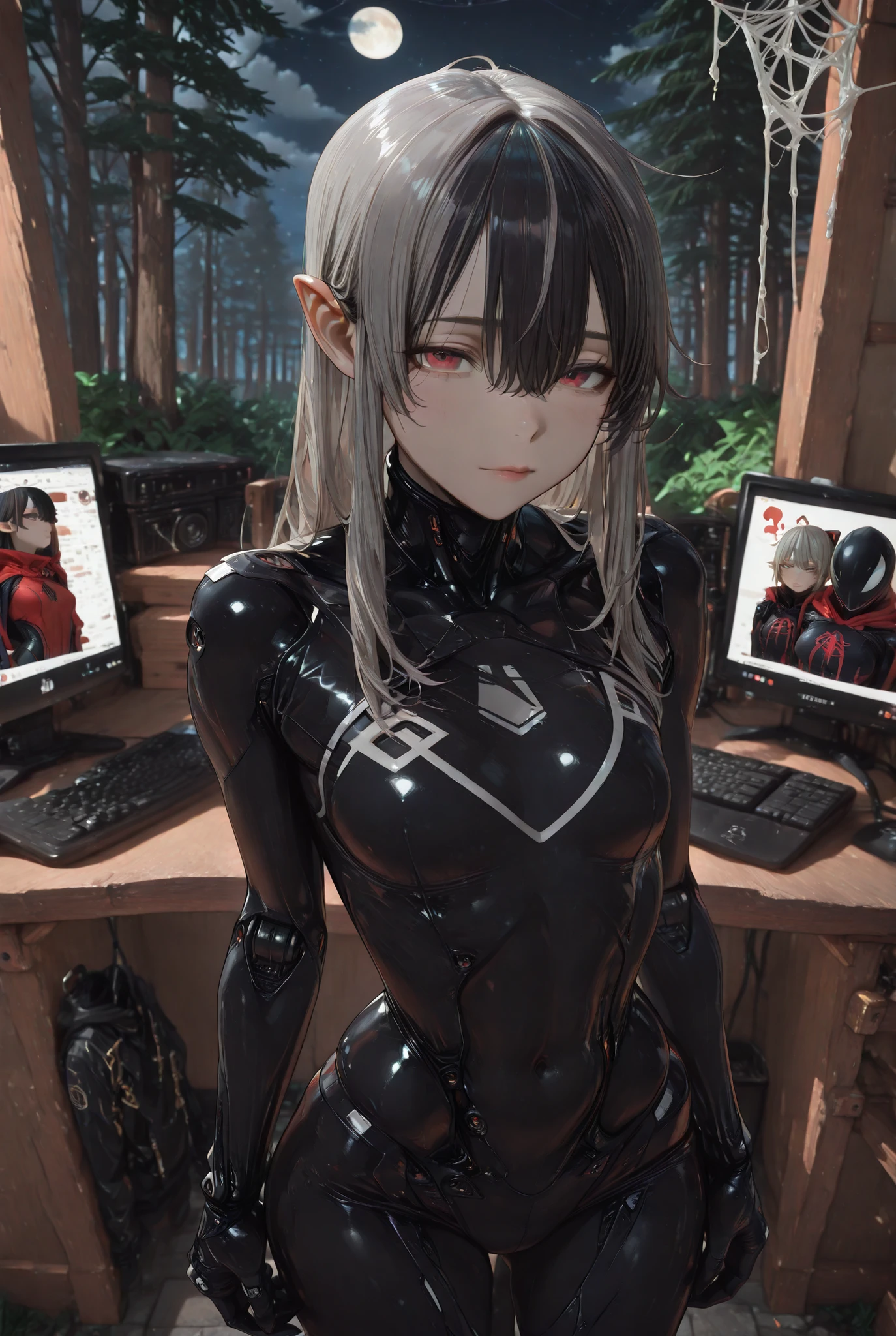 ((perfect anatomy:1.2,realisitic:1.3,high-class photo:1.3,artwork、higher quality、Ultra - high definition、high definition、Highly detailed computer graphics、8 thousand.)),((best quality)), nsfv, small breasts, Rounded breasts, Pronounced clavicles , skinny arms, smooth stomach, visible pelvic bones , whole body, short disheveled hair, gray hair with black strands, hair combed back, image of female Venom from Spider-Man, Белый Cyborg costume симбиота, realistic shadows, detailed leather, Very small breasts, Rounded breasts, Very detailed, very detailed face, perfect face shape , [perfect lips, perfect nose, fix beautiful eyes, best quality, very revealing clothes, slutty costume , unpacked, ((backend types)),black hair strands, in a fabulous night forest, backend types, slavic face, Night, moonlight, top view , shows off his hips, everything on the web, spider web suit , Cyborg costume, elf ears, in the forest