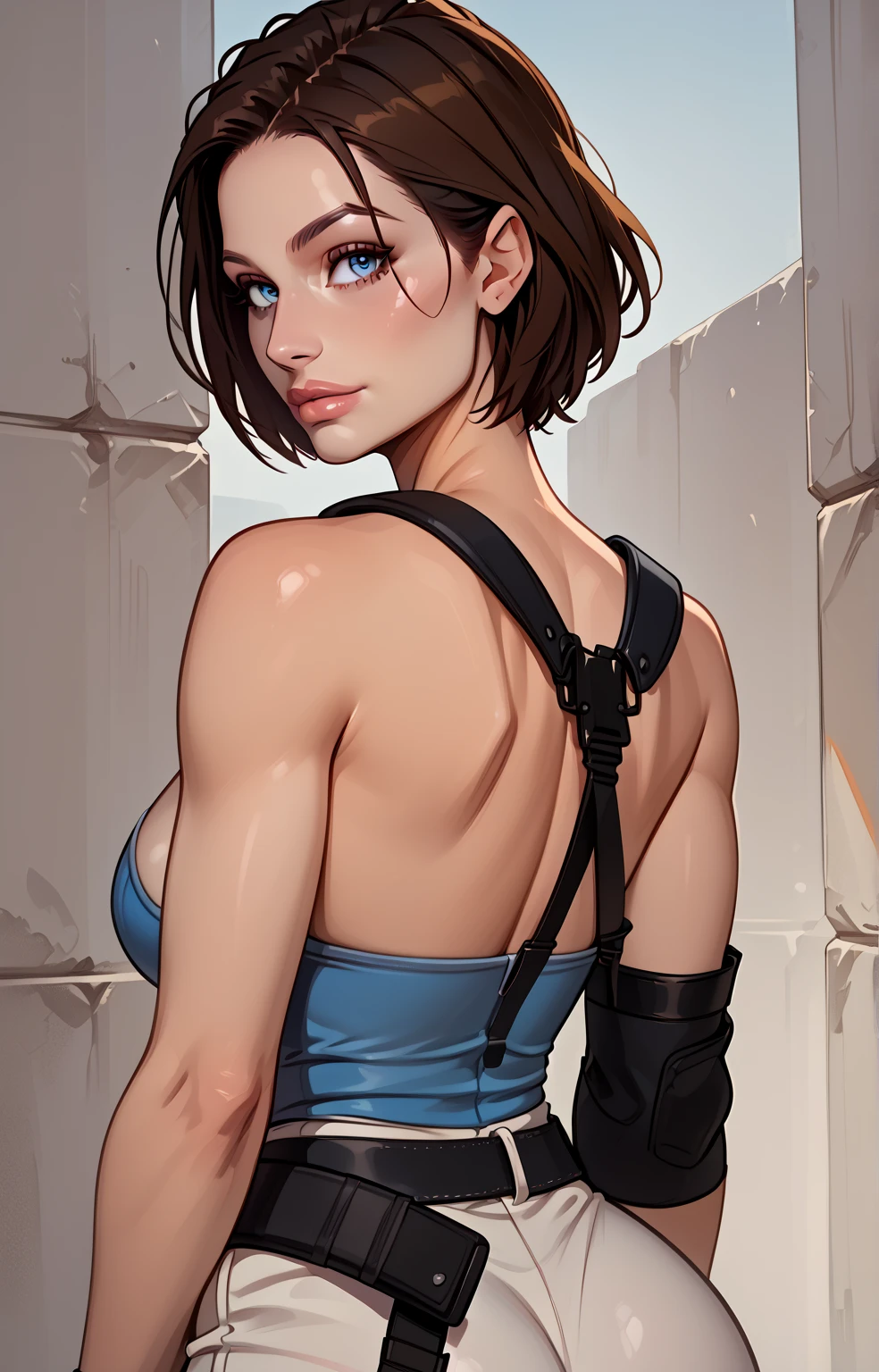 photo of mlp Meowko, RAW, beautiful woman, ((portrait)), ((detailed face:1.2)), ((anime face, anime facial feature, beautiful anime mouth, clear skin, clear skin), (short messy lesbian haircut, one shaved side, brunette: 1.55), (perfect proportioned body, Strong, muscular, narrow waist, narrow hips, skinny, large breasts), (arched back, (revealing clothes, wearing leather Warcraft armor, World of Warcraft for the alliance), (city balcony, midnight city, stary sky), (realistic photo, best quality, detailed), (8k wallpaper), (cinematic lighting, beautiful light, (day:1.3)) (sharp focus, intricate)