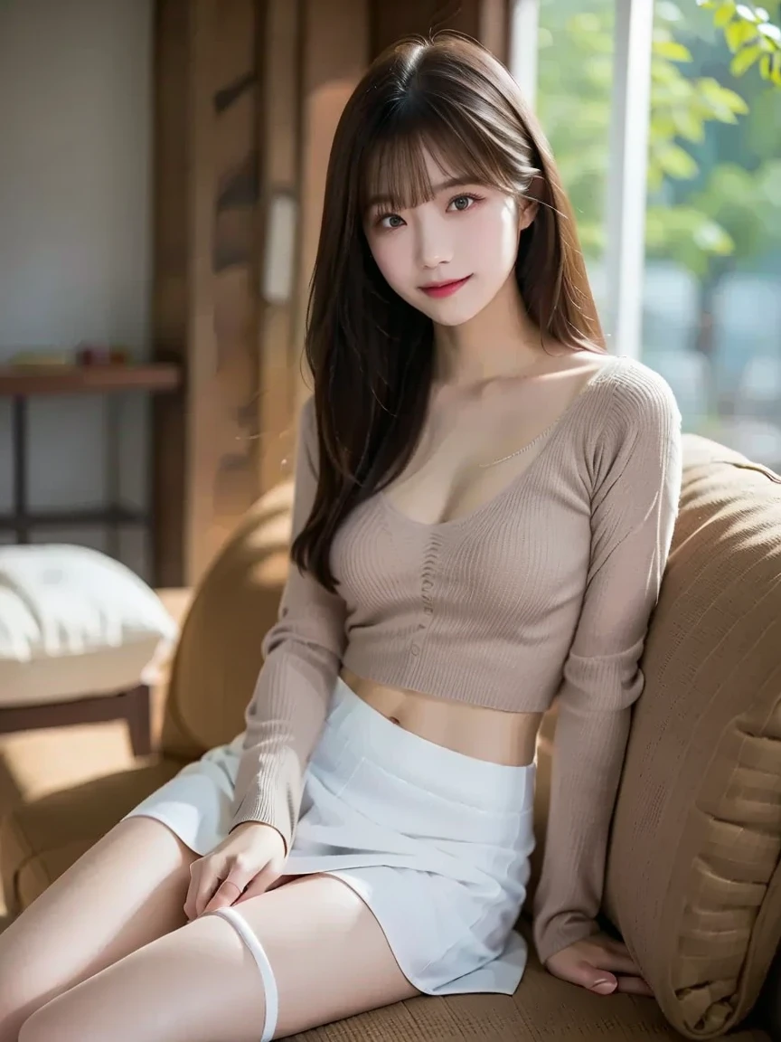 (((8k、High resolution、Highest quality、High resolution))), (()), masterpiece, Professional, Highest quality, beautiful girl, Great beauty、Curly Hair, Long Hair, Purple eyes, Off-the-shoulder blouse, Long skirt,Wearing ultra-realistic pantyhose、 A shy smile, Sit by the window、Whole Body Ezbian、