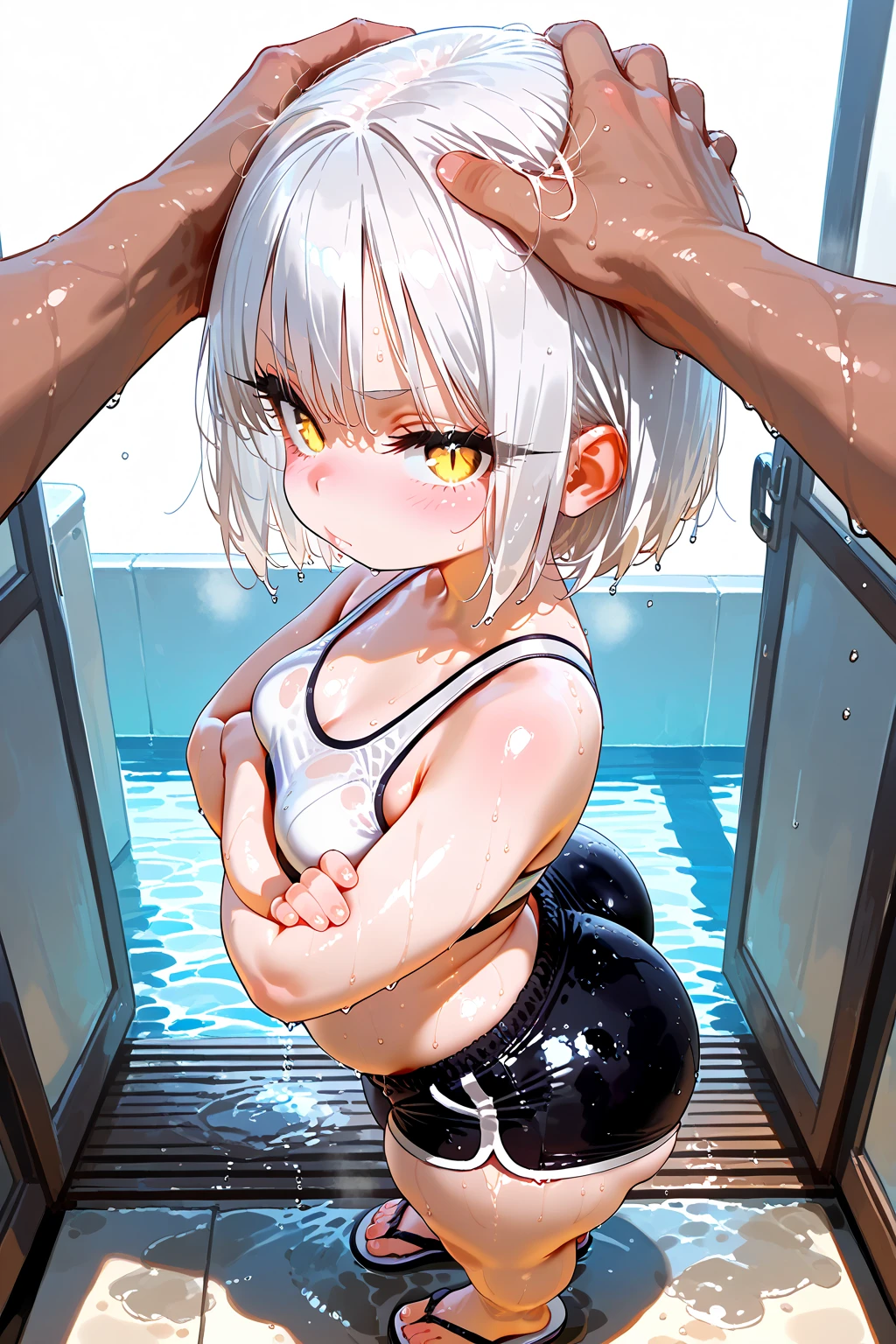 NSFW,Hololive,Laplace Darkness,long hair,Twin tails,Small breasts,(High leg swimsuit:1.5),Frills,Embarrassed,blush,In heat,A wistful look,I feel pleasure,(Perfect hands),(Perfect Anatomy),(masterpiece),(highest quality),Pool,elder,One man,Having sex,Ahegao,Wide-eyed,Cross-eyed,Open your mouth,Sticking out tongue,Leaning forward,Are standing,(Side view:1.3),(Dark Skin:1.2)