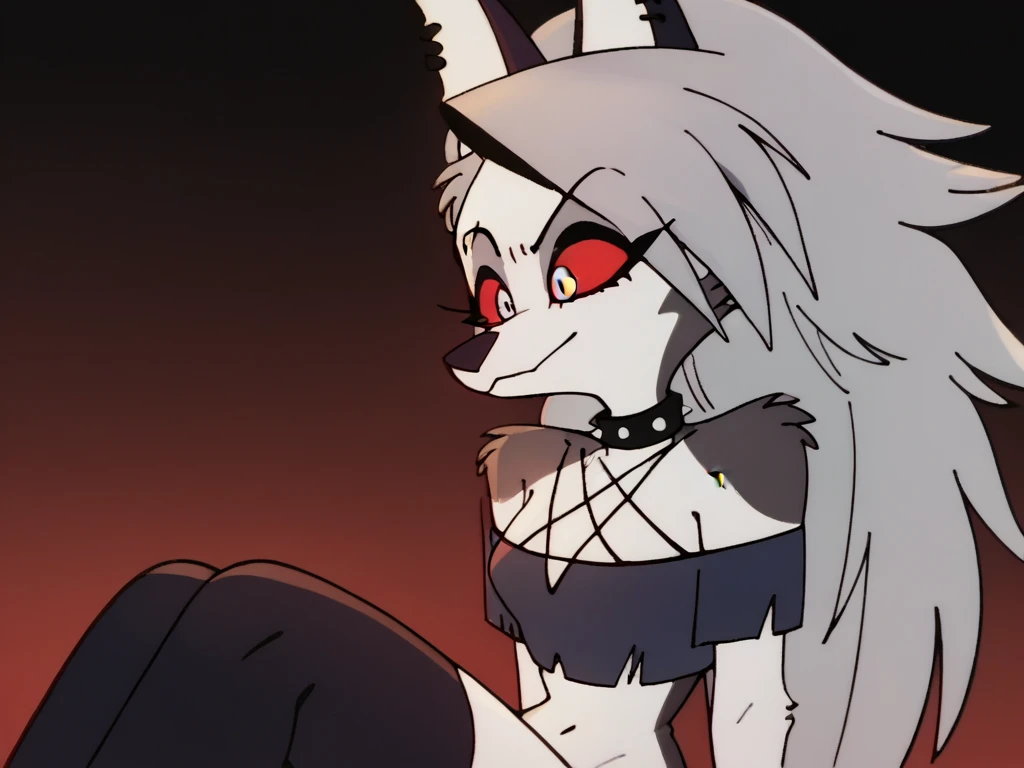 score_9,score_8_up,score_7_up, source_furry, loona from helluva boss, hellhound, snout, white irises, red sclera, long white hair, animal ears and tail, naked, wearing only black thong, thigh high socks, breasts, pov, she is sitting on viewers lap, on a bed, simple grey background, she is grinning, devilish grin, sharp teeth, 