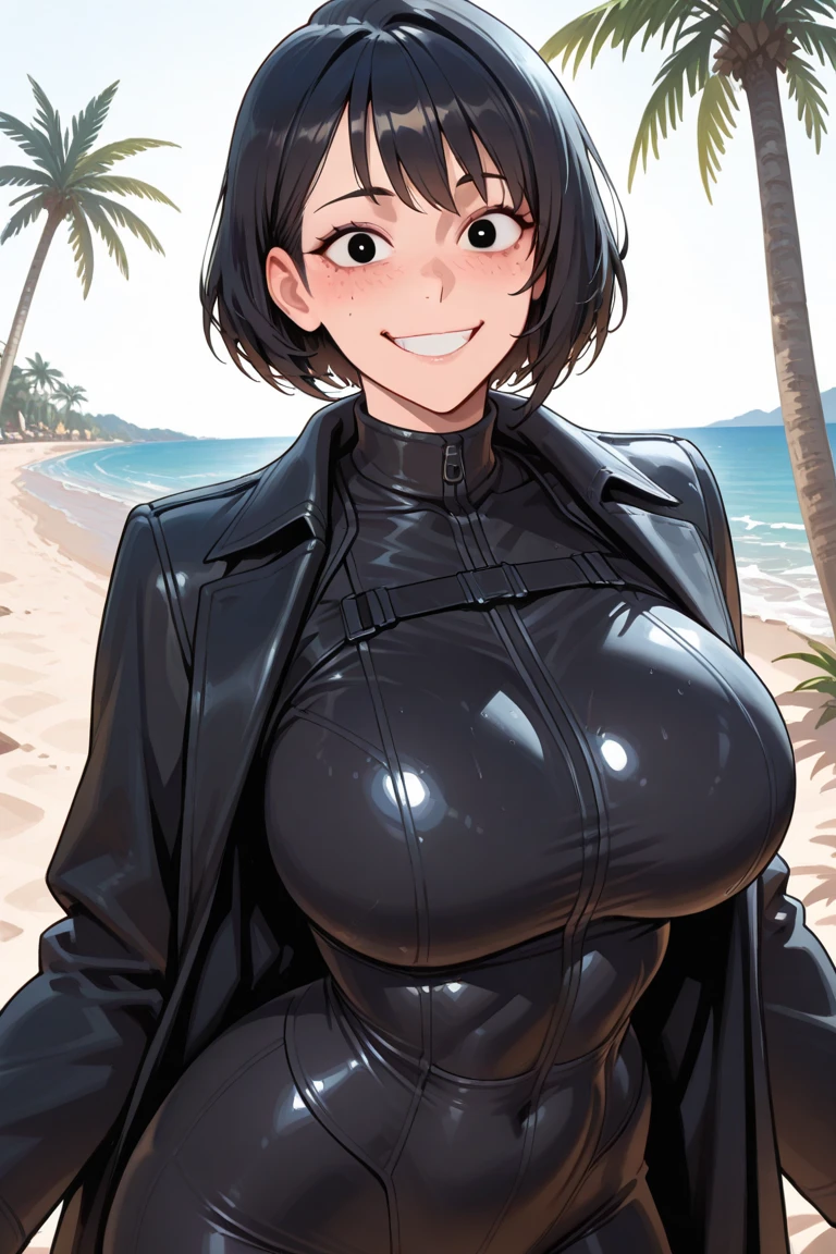 Woman, Black hair, short curly hair, golden eyes, curvy figure, caramel brown skin, cat ears, m white jumpsuit hooded, anime character, high quality, 4k, 8k, realistic