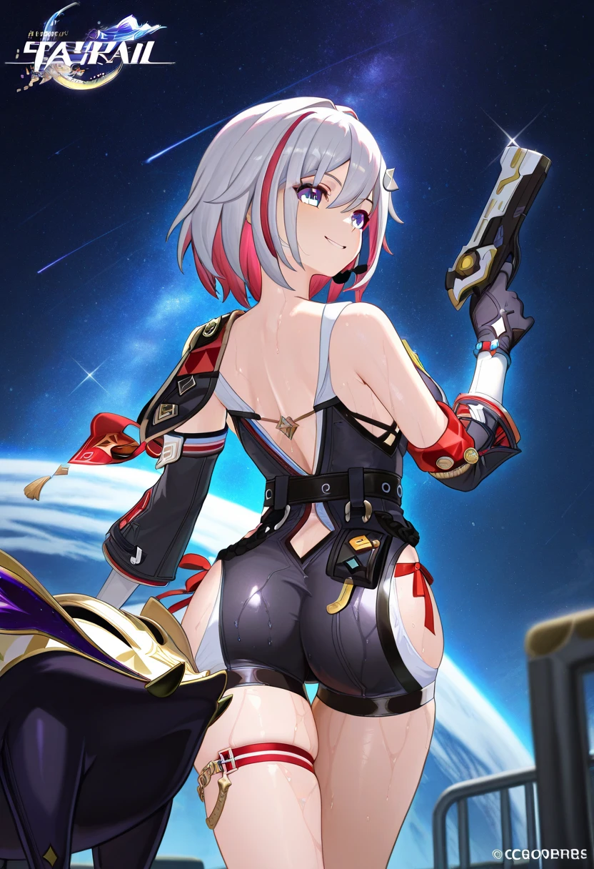 ,1girl,(:1.5), (short_ponytail:1.3), (light_whitish_purple_hair:1.3),black_mechanical_armor_parts,white_breasts_parts_red_black_body_suit,bare_shoulder,bare_slender_thighs,medium_breasts,on_the_desk, desk_background,Stinging_eyes,sleepy,thighhigh_greaves,gauntlets,dynamic_posing,bare_frank,metal_red_parts_armor,red_eye,solo,
fists,hold_weapon,glare,navel,large_mechanical_parts,happy,waist_armor,open_mouth,rise_legs,apart_legs, (covered_navel:1.3),(very_long_bangs:1.3), (hair_over_one_eye:1.5),(long_bang_covers_right_half_of_face:1.5),
(covered_pussy:1.1),covered_breasts,