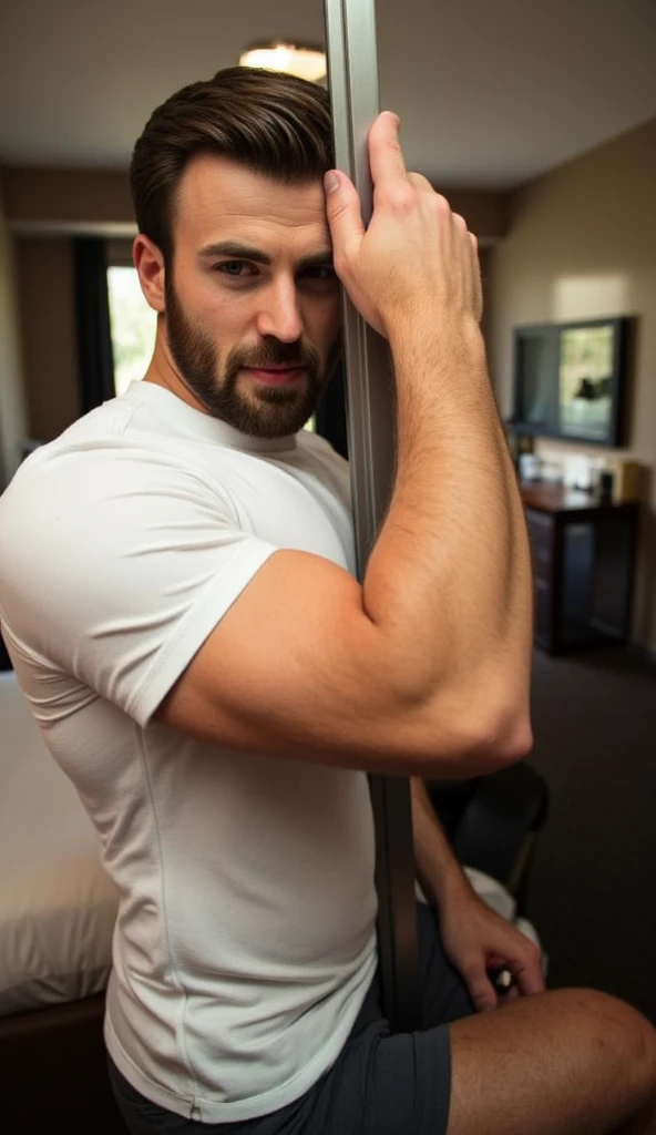 Peach skinned man with black short hair. His physique is vigorous, It should be large. He is upper body free. Around the waist a white towel