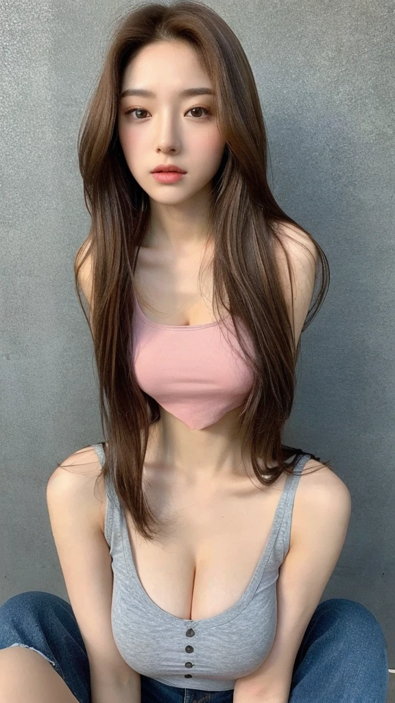 A 1 young girl with very light brown hair and pretty 20 years old, con cara de Wonyoung, Jang Wonyoung, doll eyes, estilo hiperfemenino y lindo, prendas rosadas. Chica japonesa, very tender asian girl with pale skin, ojos grandes, ojos de bambi, labios gruesos, ropa rosa, ella tiene el cabello muy largo, su rostro es bonito, se parece a Jang Wonyoung de ive, es Wonyoung, busto voluminoso, busto grande y notorio.