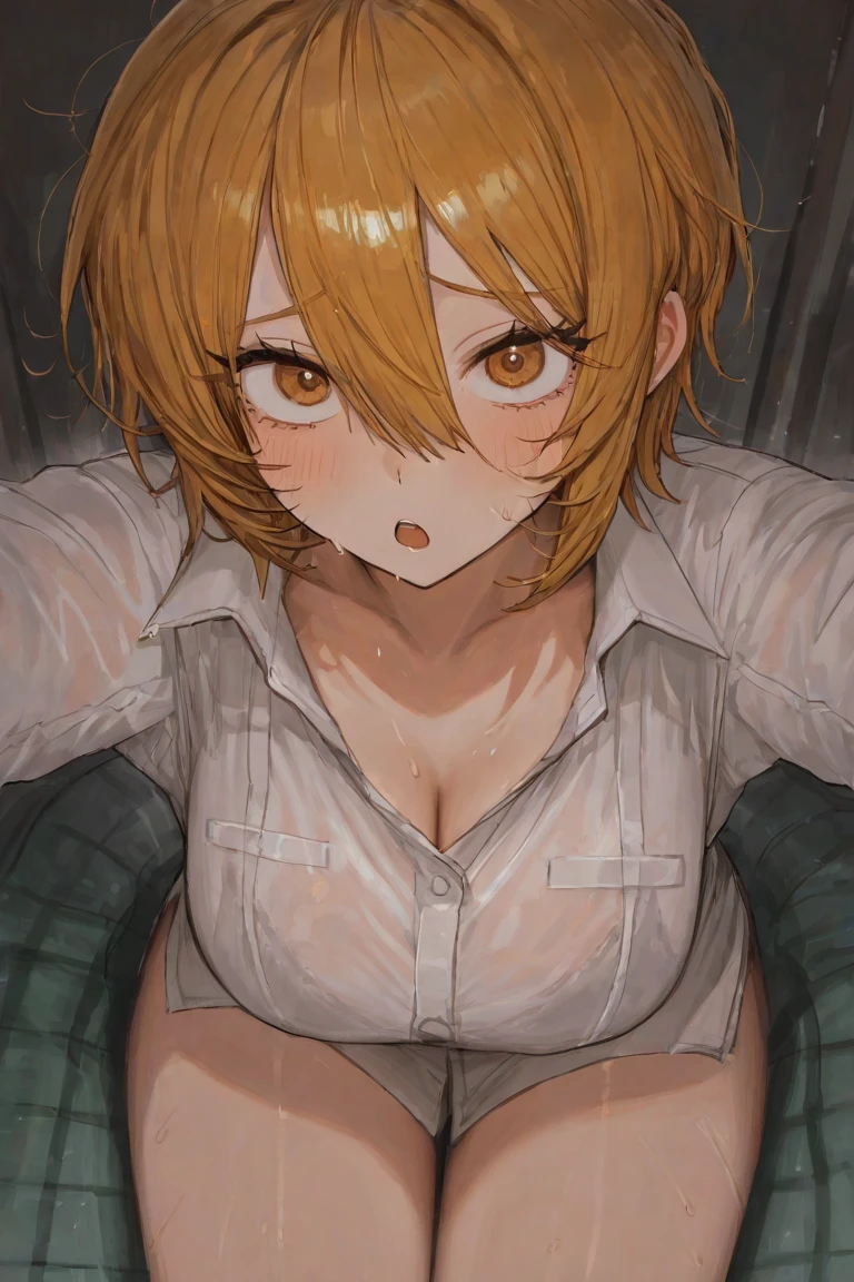 sauce_anime, ambient light,
1 girl , tall girl,, straight hair ,medium hair, blond hair, deep green eyes, hair between eyes, perfect eyes ,wince ,frown, Perfect face, expressive eyes,
(show off breast), (undress open white dress shirt), detailed nipples, white panties, wet body,
indoors, bed, realistic bed room, (missionary position),virginal sex, yuri, lesbian sex, blush, (steam),
cowboy shot, looking at viewer, solo, dutch angle, small breast, pussy juice, open mouth, saliva ,