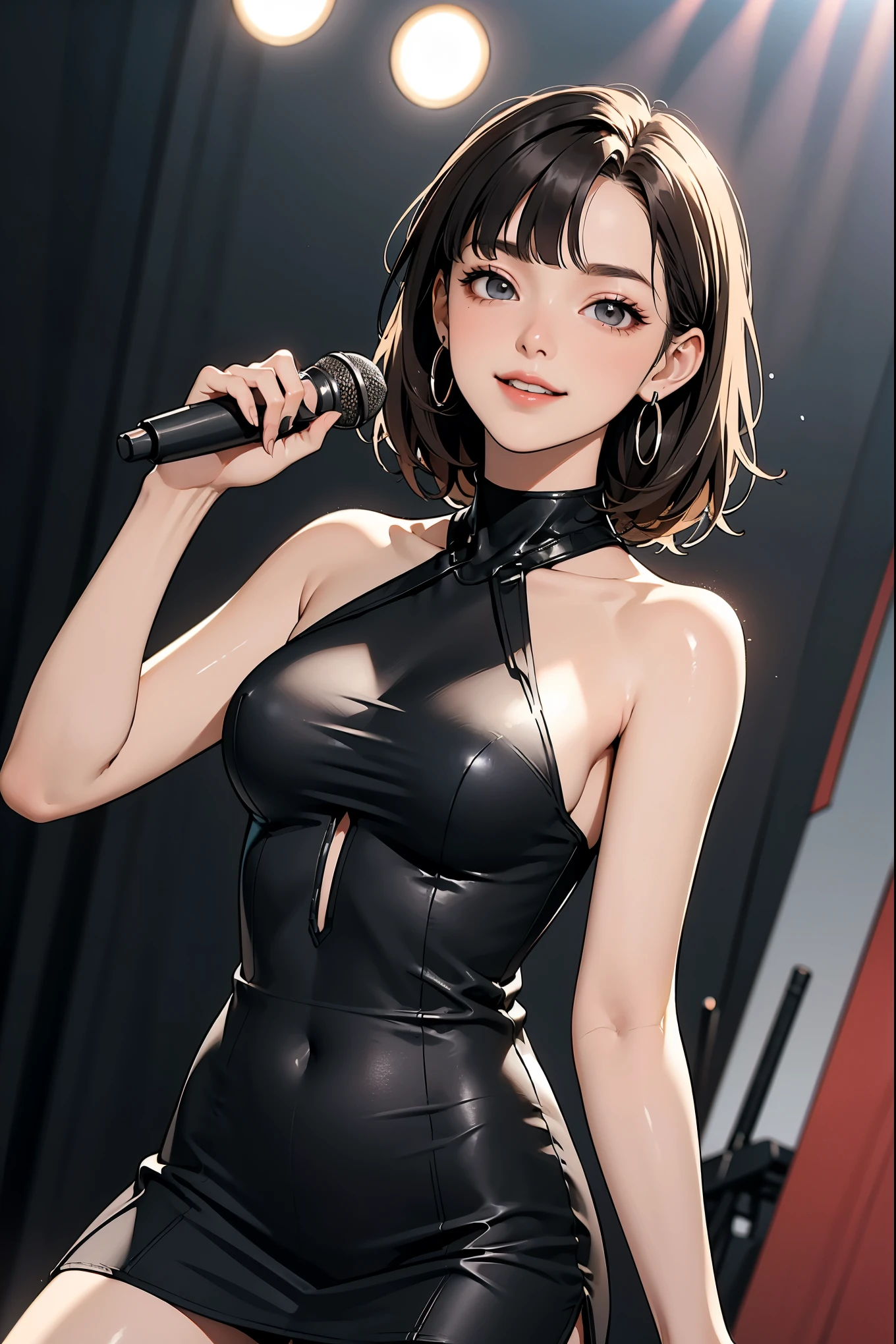 [fashion accessories], (Female idols are singing with microphones on stage:1.5), ((Shorten your head, Reduce the volume of your hair, Dark Brown Blunt Bangs )), ((slender eyes, hazel eyes,  white skin)), bigger breasts with more definition, ((black halter neck mini dress:1.5)), Small silver earrings , ((Highest Quality)),  clear , Photo style, (low angle, Looking Up at Female Idols from Under the Stage,  tilt composition), cowboy shot, Panchira, Exposing thighs , smile
