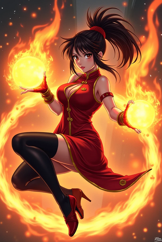 Anime style woman with fire, s face, expressing pleasure, short clothes, symmetrical facial expression body, Random coloring page, 2D, planar vector, Character design, T-shirt design, Colorful splashes, vector art, Fantasy art, watercolor effect,Digital Painting, White BG, 8K --auto --s2