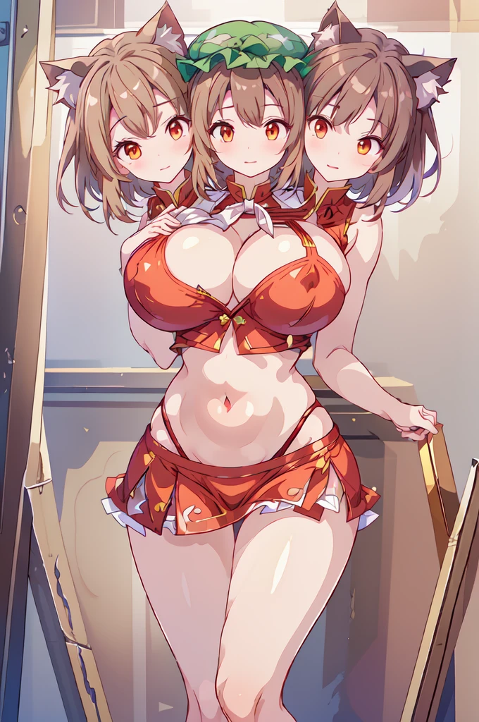 (16K), ((three headed woman)), smiling, highres, masterpiece, ((brown hair)), cleavage, large breasts, ((red dress:1.5)), lustrous and smooth skin, (mature woman), seductive silhouette, ((crop top)), sexy proportions, Beautiful girl with accentuated slender abs, seductive woman, ((party background)), necklace, red miniskirt, miniskirt, open belly, exposed midriff, strapless, sleeveless, yellow eyes, beautiful eyes, ((long bushy ponytail)), ((gala)), cowboy shots, very big tits, huge tits, open belly, exposed midriff