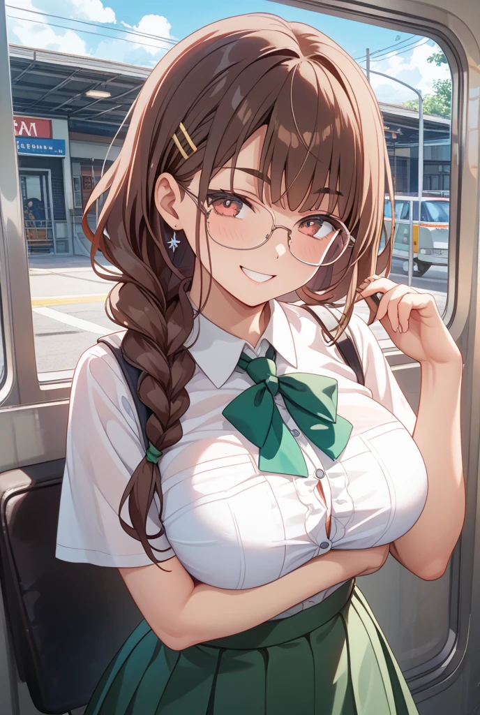 A Cute Girl, with very wide hips, mildly slim figure, White Shirt, (Long Green Pleated Skirt), indoors, Soft Smile, Brunette Hair, Medium-Length Hair, Lush Hair, Beautiful Brown Eyes, (Black Glasses), Thick_thighs, curvy_hips, Big Breasts, Short Figure, Modern House, cowboy-shot,