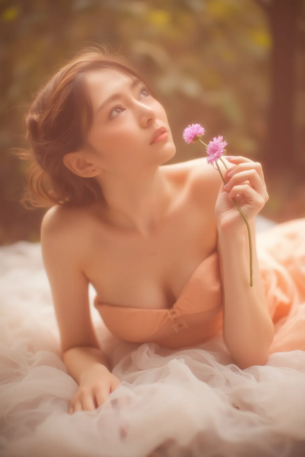 (8K、Raw photography、top-quality、masterpiece:1.2)、(realisitic、Photorealsitic:1.37)、top-quality、超A high resolution、light leaks、Dynamic lighting、Beautiful realistic woman with skin details in golden hour flower garden、Beautiful nostalgic mood skin、Wet skin and petals、huge tit、cleavage of the breast