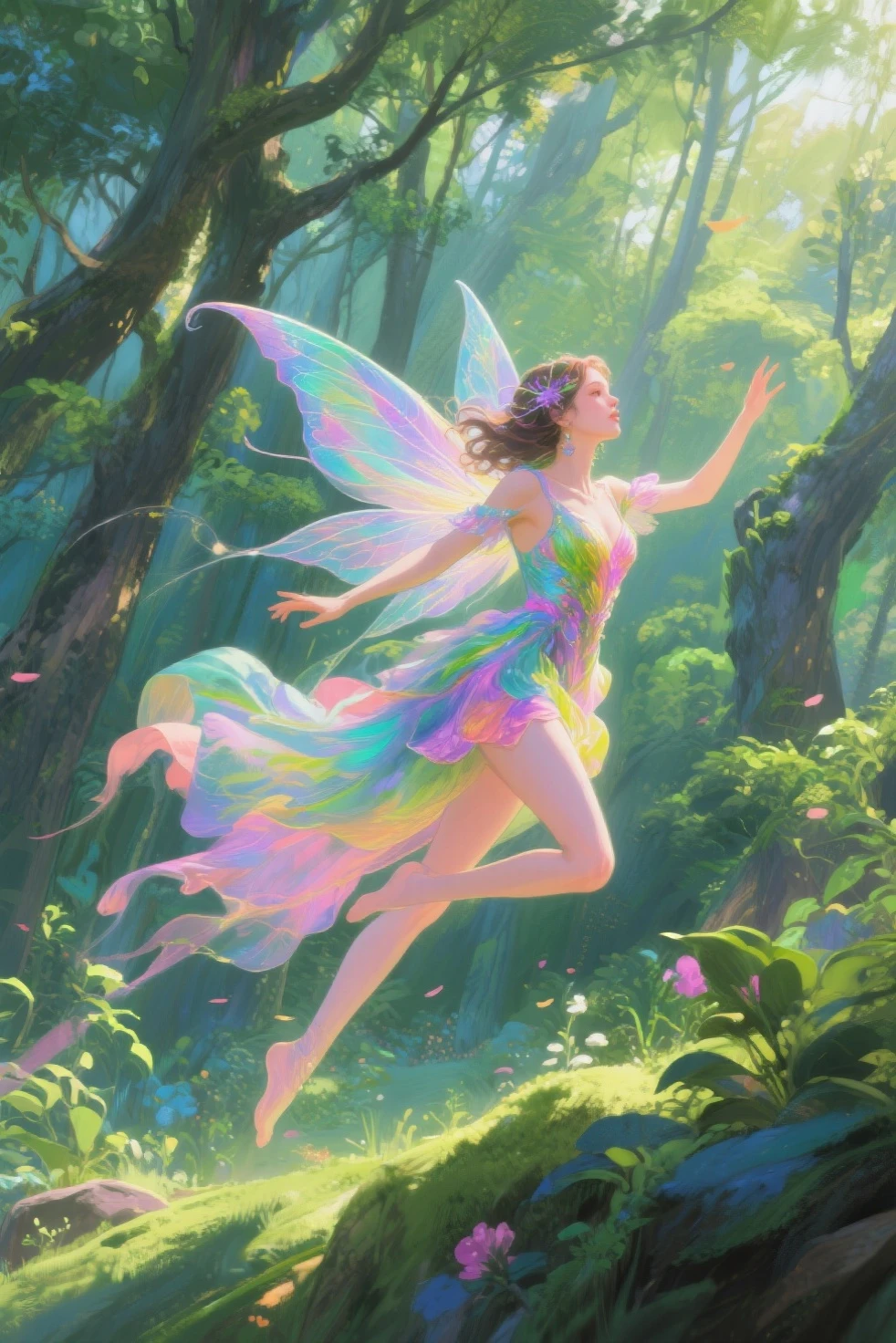 generate a fairy lady with big boobs, showing her boobs, wearing flowery outfit and with huge fairy wings, while holding a flowery wand, she is a beautifull fairy who is really charming, she is flying and give kiss sign, forest and lake background, beautifull flower, raytracing, sparkling background, aurora effect, digital effect, glimmering effect, ambient effect, from side, beautifull hand, beautifull fingers, pretty hand, pretty fingers, perferct hands, perfect fingers, masterpiece, best quality:1.2),(8k,highres,RAW photo,realistic,photo-realistic:1.3),(detailed skin texture,detailed cloth texture,beautiful detailed face:1.25),professional lighting,photon mapping,beautiful soft light,radiosity,physically-based rendering,raytracing, model shoot style, model shoot style, (extremely detailed CG unity 8k wallpaper), full shot body photo of the most beautiful artwork in the world, (((NSFW))), (((nude))), (completly naked))), (((nipples))