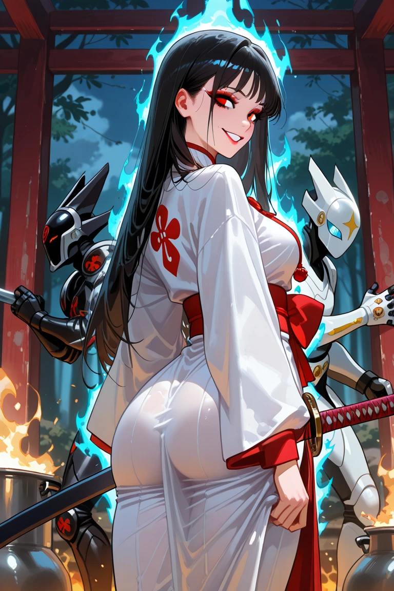 one girl, human girl, black hair, kimono, white kimono, scarlet hakama, torn kimono, on all fours, bicorn, one giant horse, giant black horse, sex with giant horse, doggy style sex, hard sex, penis as thick as an arm, dick as thick as an arm, (huge penis: 1.6), in girl's pussy, girl's belly bulging with dick, outdoors, in the forest