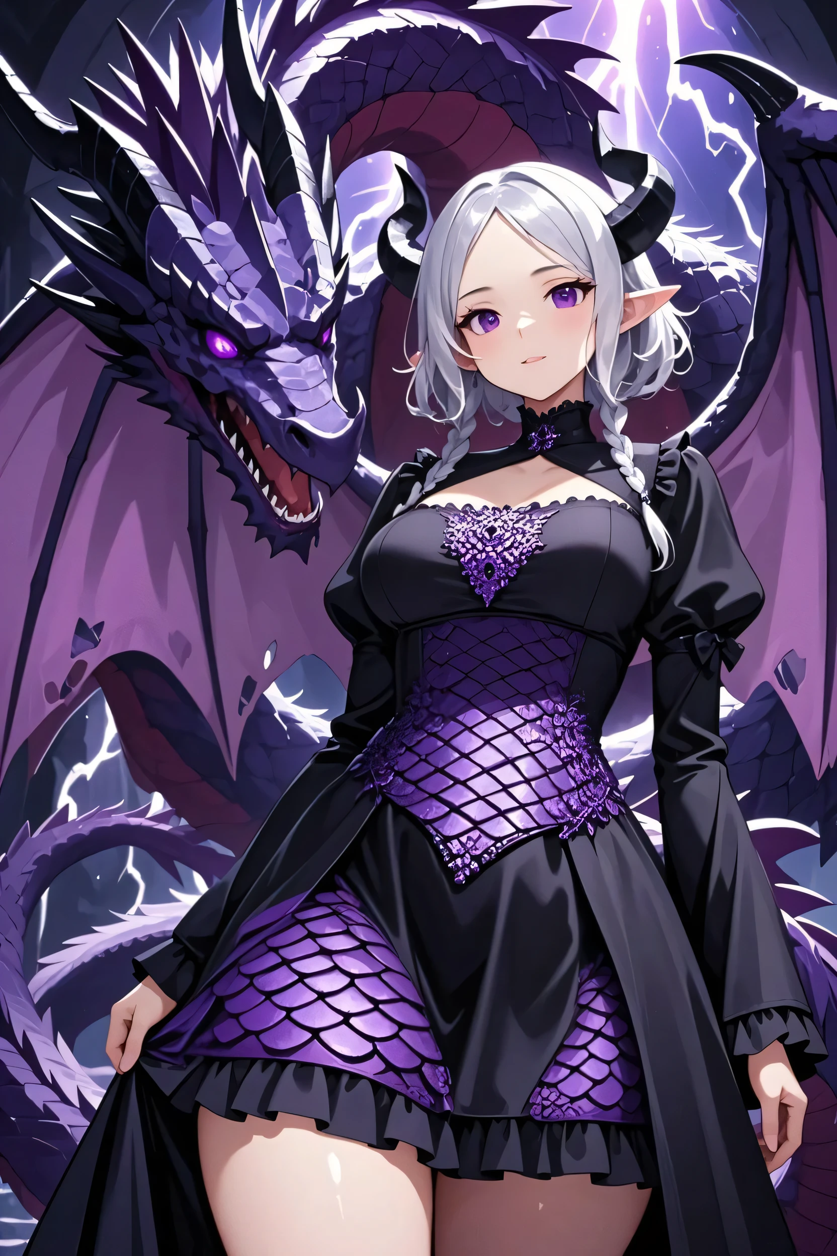 draconic woman with horns and a black dress, medieval, dragon, beautiful elegant dragon princess, gothic maiden anime girl, dragon girl, anime monster girl, short wavy silver hair front braid, no bangs, purple eyes, LARGE purple dragon wings, long dragon tail, modest dress, no bangs, cute style dress with ragged bottom, full body, sfw, elf ears, full body portrait