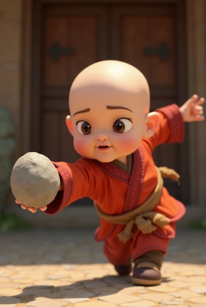 Asian child, looking 7 to 10 years old, bald, with eyes open, holding a large stone, showing two fingers,, wearing cape, (extremely detailed CG), ((Realistic shadows:1.2)), ((Realistic lighting: 1.1)), [Highest quality], (8K:1.1), ultra-detailed, ((perfect shadows))