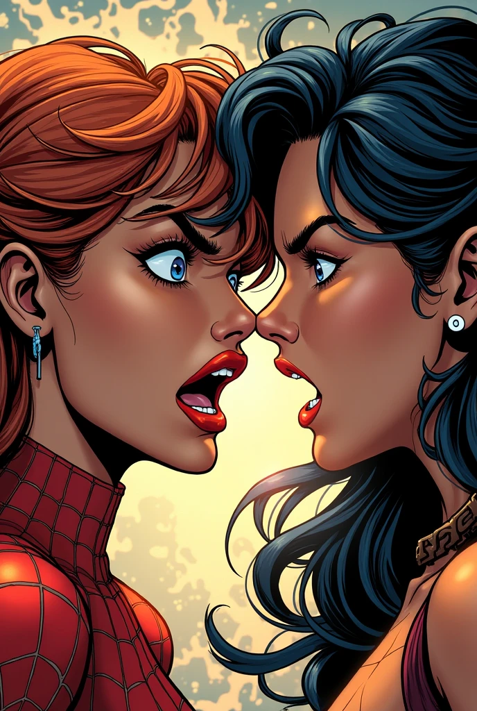 Three gorgeous women (varied height, varied weight, varied race, wearing a towel or less, crazy hairdo, crazy jewelry, tend towards fit and hourglass figure) they are flirting with Spider Man, women's locker room. Spiderman has webbed a villain to the wall, he is embarrassed by the women's attention