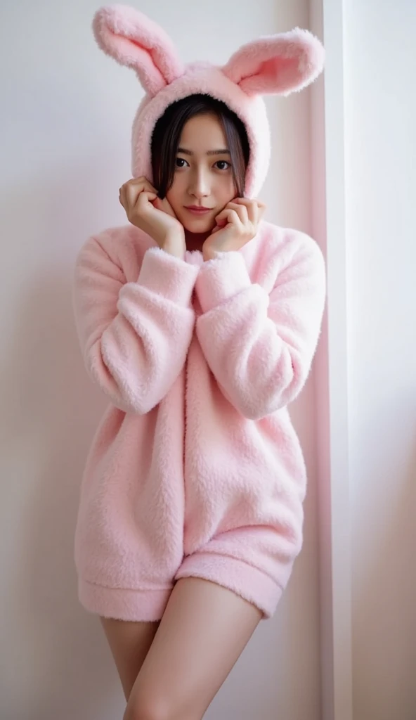 (8K, top-quality, masterpiece:1,2), (reallistic, Photorealsitic:1.37), Super Detail, One girl,), (Highly detailed), (beautifully detailed eyes), (of the highest quality), (super detailed ), (masterpiece), (Detailed face),20yr old, ,1 girl, ((pink hair,Very short hair)), medium breasts, clothed, Perfect Lighting, (dinosaur plushie pajamas:1.4), (hoodie with dinosaur face:1.3), (pants with dinosaur tail:1.3), (pink and blue color combination:1.2), (fluffy material:1.2), BREAK bangs, fluffy ears, dinosaur hoodie, smiling, squinting eyes, mole near mouth, (cuteness:1.4), (fun:1.3), holding dinosaur plushie, pinching dinosaur pants, leaning slightly right, bending legs, white wall, wooden floor, simple room, bed, bookshelf, natural light, window, soft and warm light, (beautiful skin:1.3), (beautiful hair:1.3), few shadows, bright atmosphere