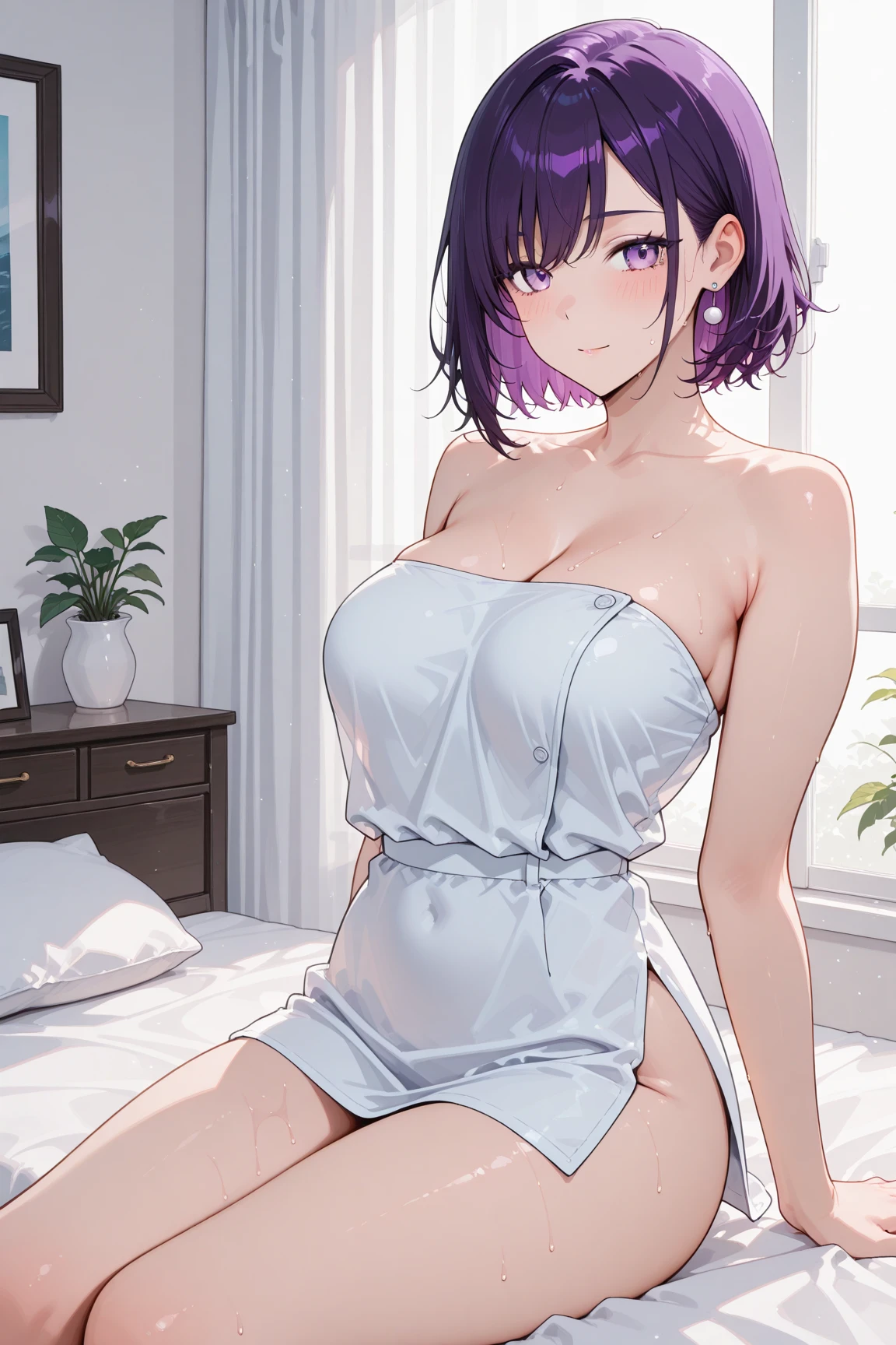 1 girl, pixie cut, white hair, very short, white eyelashes, hunter eyes, purple eyes, Japanese, huge breast, sexy, full body, fit body, very white skin, white bathrobe, in bed, teasing, smirking, seductive