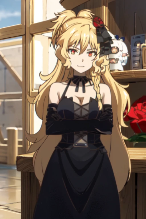 best quality, (masterpiece:1.2), detailed, medieval,
Celica Arfonia,
1girl, solo, closed mouth, smile,
long hair, blonde hair, red eyes, braid, red rose,
black dress, choker, black ribbon, cleavage, detached sleeves, medium breasts,
standing, looking at the viewer,
indoors