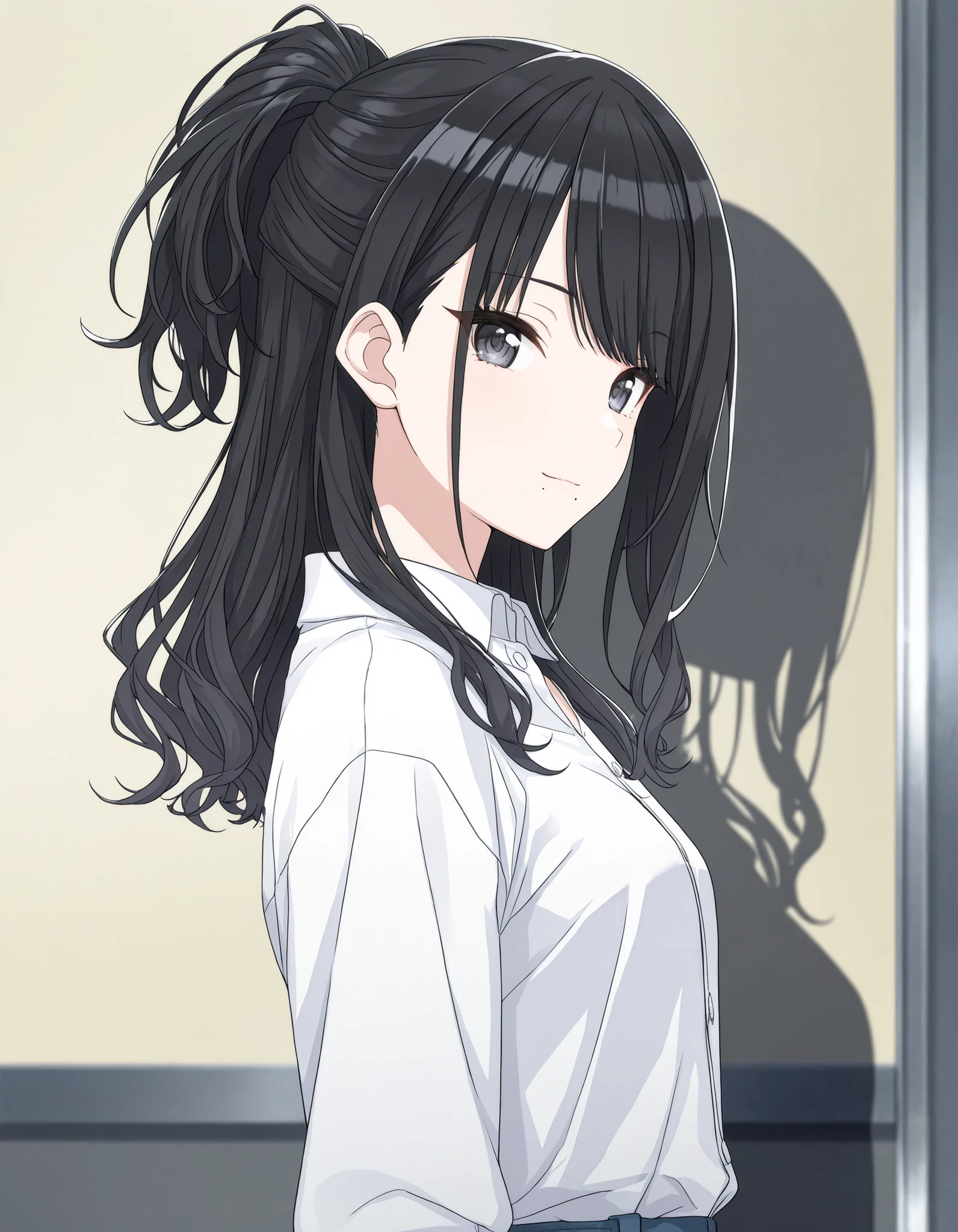 (masterpiece),(best quality),(ultra-detailed),(best illustration),(best shadow),(absurdres),(detailed background),(very aesthetic),hiori kazano, , 1girl, solo, long hair, bangs, black hair, black eyes, tsurime, ponytail, medium hair, mole, mole under mouth, ((one mole)), (small breasts), anime screencap, white shirt, collared shirt, long sleeve, upper body, looking at viewer, , from side, light smile,
